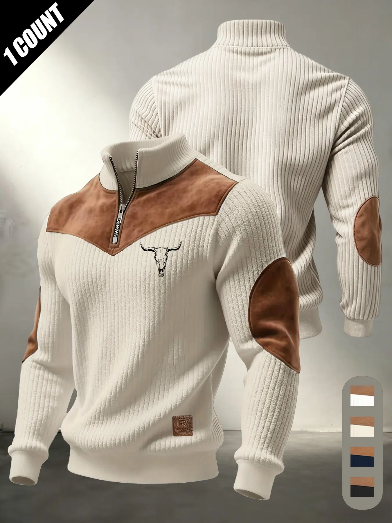 Men Western Quarter Zip Sweater, Bull Skull Embroidery Knit Pullover, Contrast Fabric Elbow Patches Stand Collar Jumper, Ribbed Knit Top For Fall Winter Daily Wear #WesternStyle #MenSweater #FallMensFashion #RibbedKnit