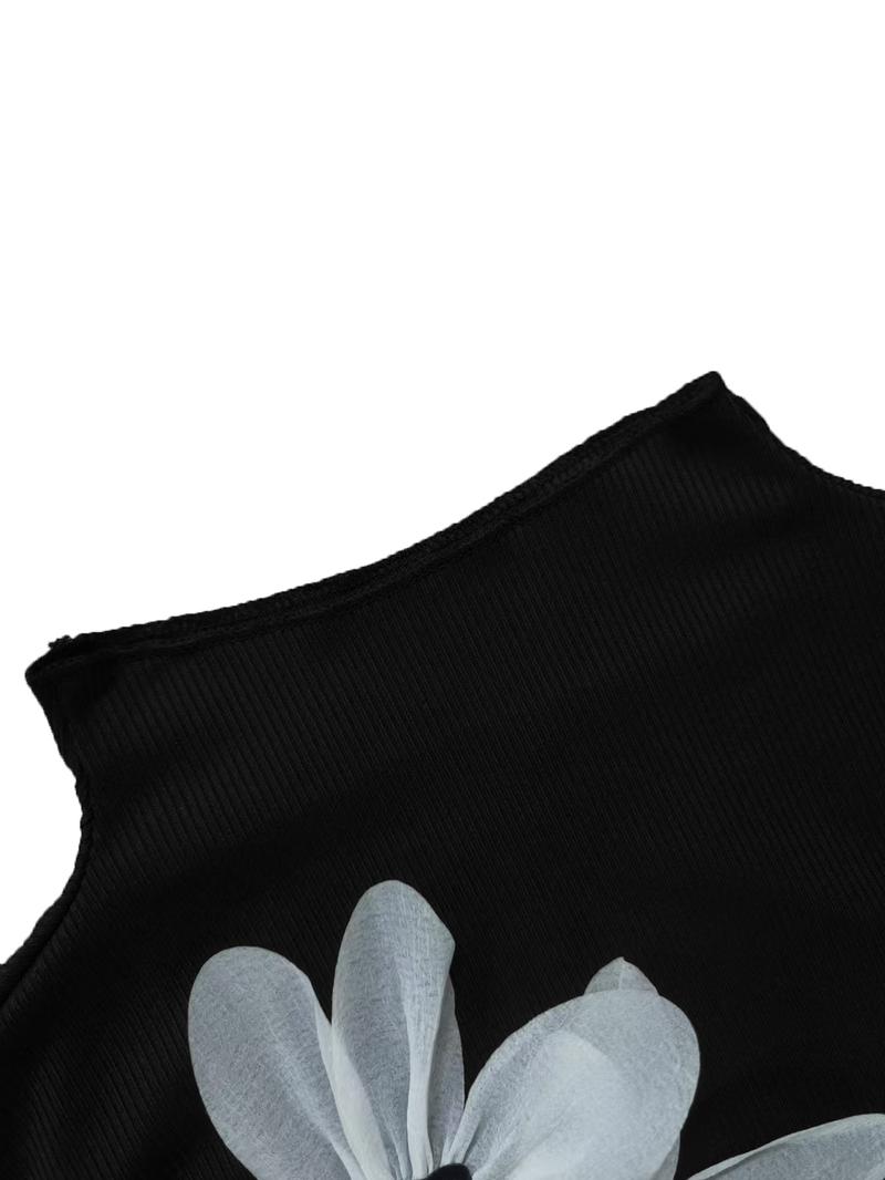 Women's Daisy Embroidery Mock Neck Tank Top, Floral Embroidery Cami, Elegant Sleeveless Top for Summer, Ladies Clothes for Daily Wear