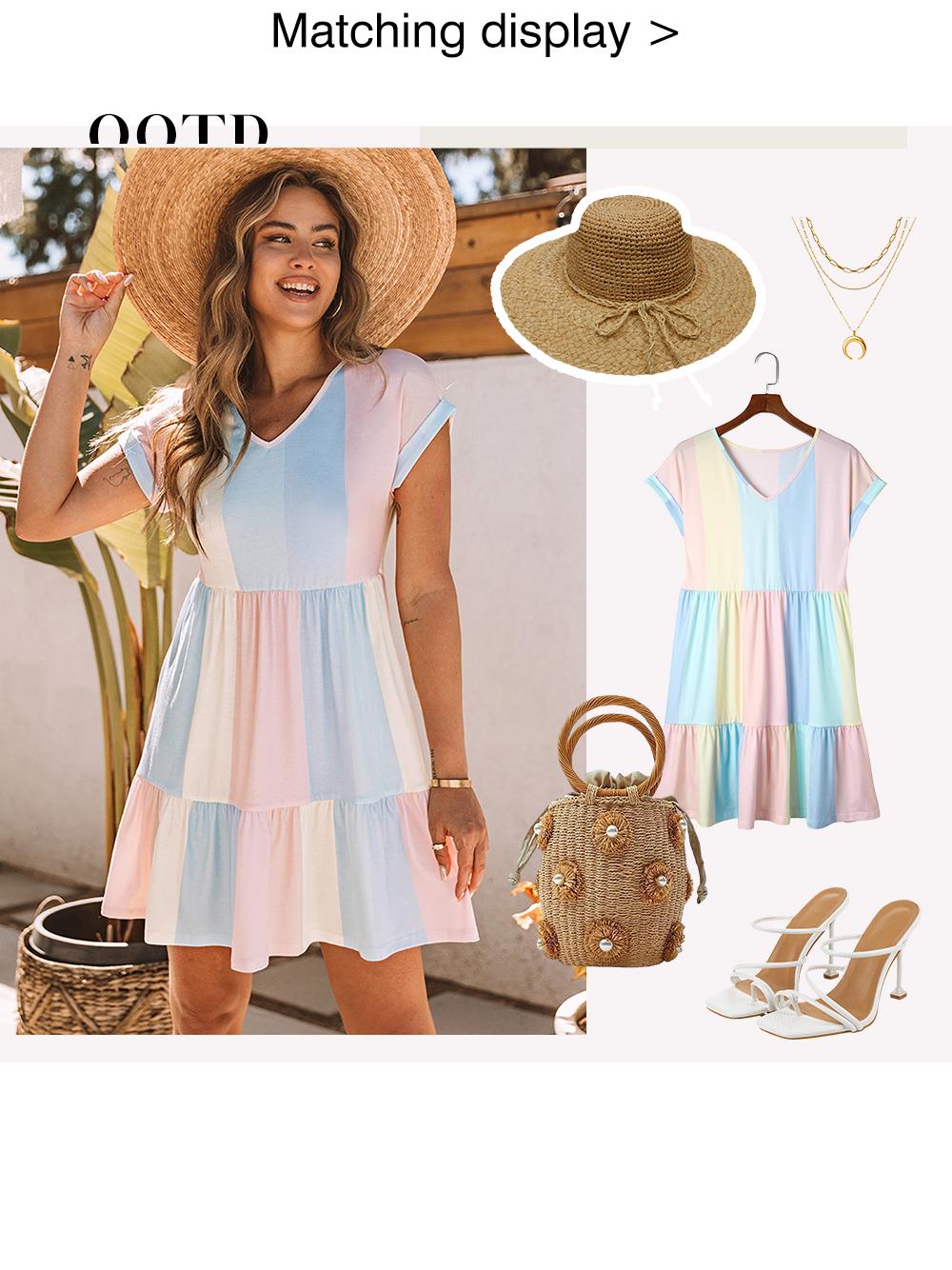 Asvivid Women's Multicolor Striped Rainbow Colorblock Dresses V Neck Short Sleeve Tiered Smock Babydoll Casual Summer Vneck Dress