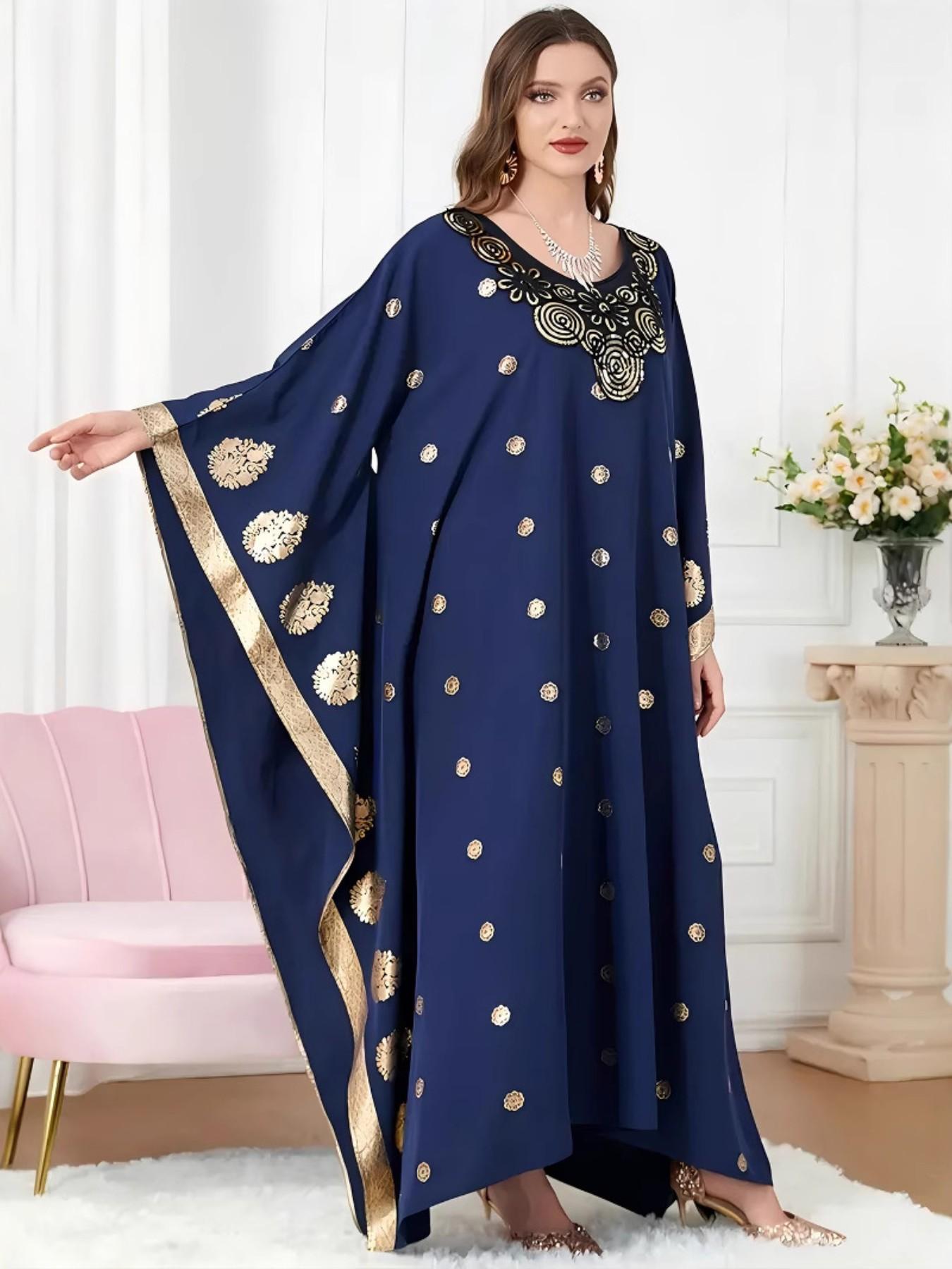 Muslim Women's Batwing Sleeve Long Robe, Embroidered Loose Fit Plus Size Dress, Cross-Border Export Fashion