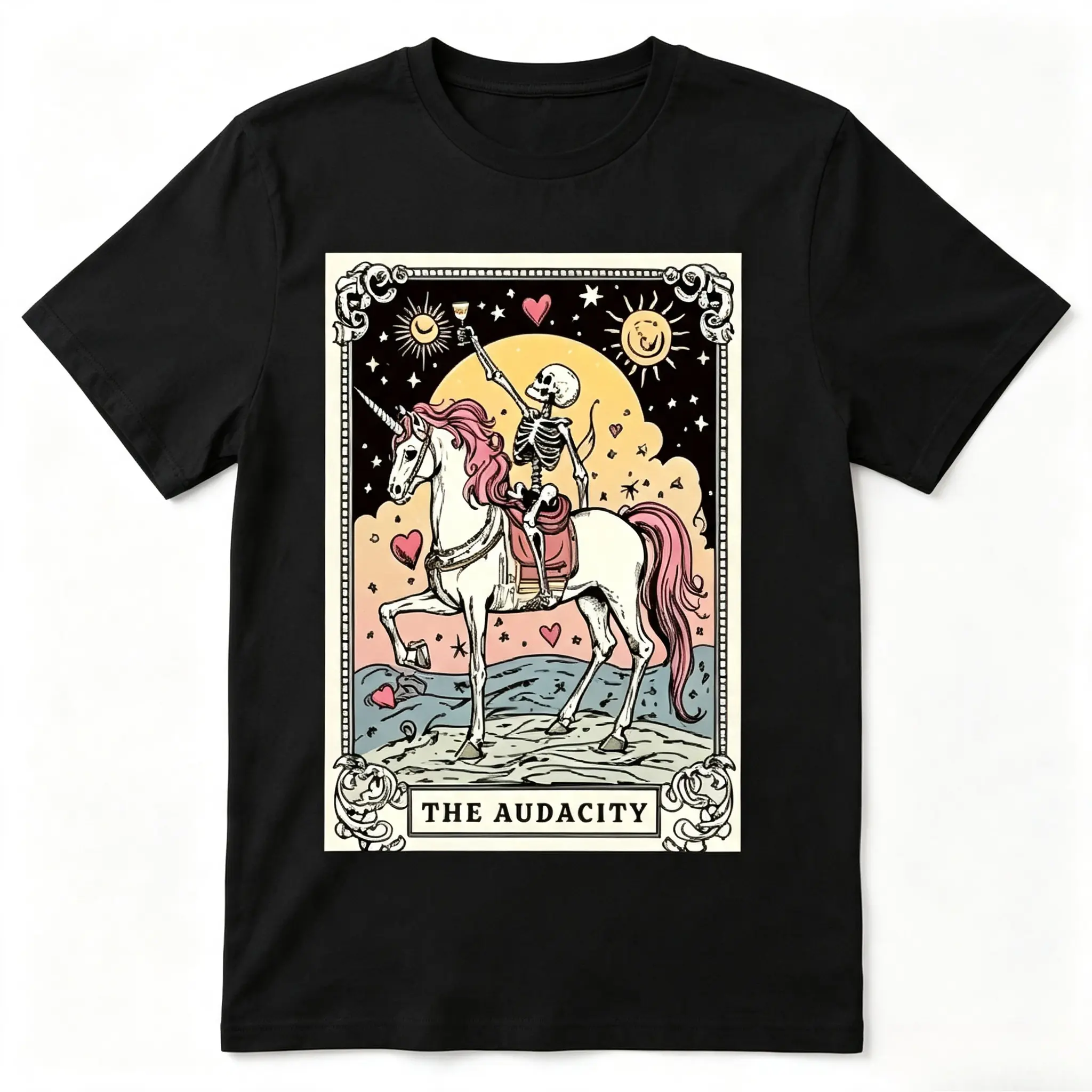 The Audacity Skeleton Riding Unicorn Tarot Card Graphic Cotton T-Shirt, Oversized Comfort Fashion Outfit, Funny Witchy Skeleton Casual Top, Perfect Holiday & Valentine’s Day Gift for Lovers, Family, Friends for Him Her