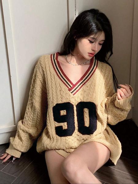 Plus Size Women's Knitted Sweater, Knitwear, Casual Loose-Fit V Neck Pullover, Long Sleeve Drop Shoulder Top for Fall & Winter