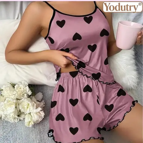 Yodutry Women’s 2-Piece Heart Print Pajama Set - Spaghetti Strap Cami Top, Elastic Waist Shorts, Comfortable Soft Breathable Fabric, Everyday Fit Style Sleepwear Loungewear (Sports & Outdoor Clothing Set)