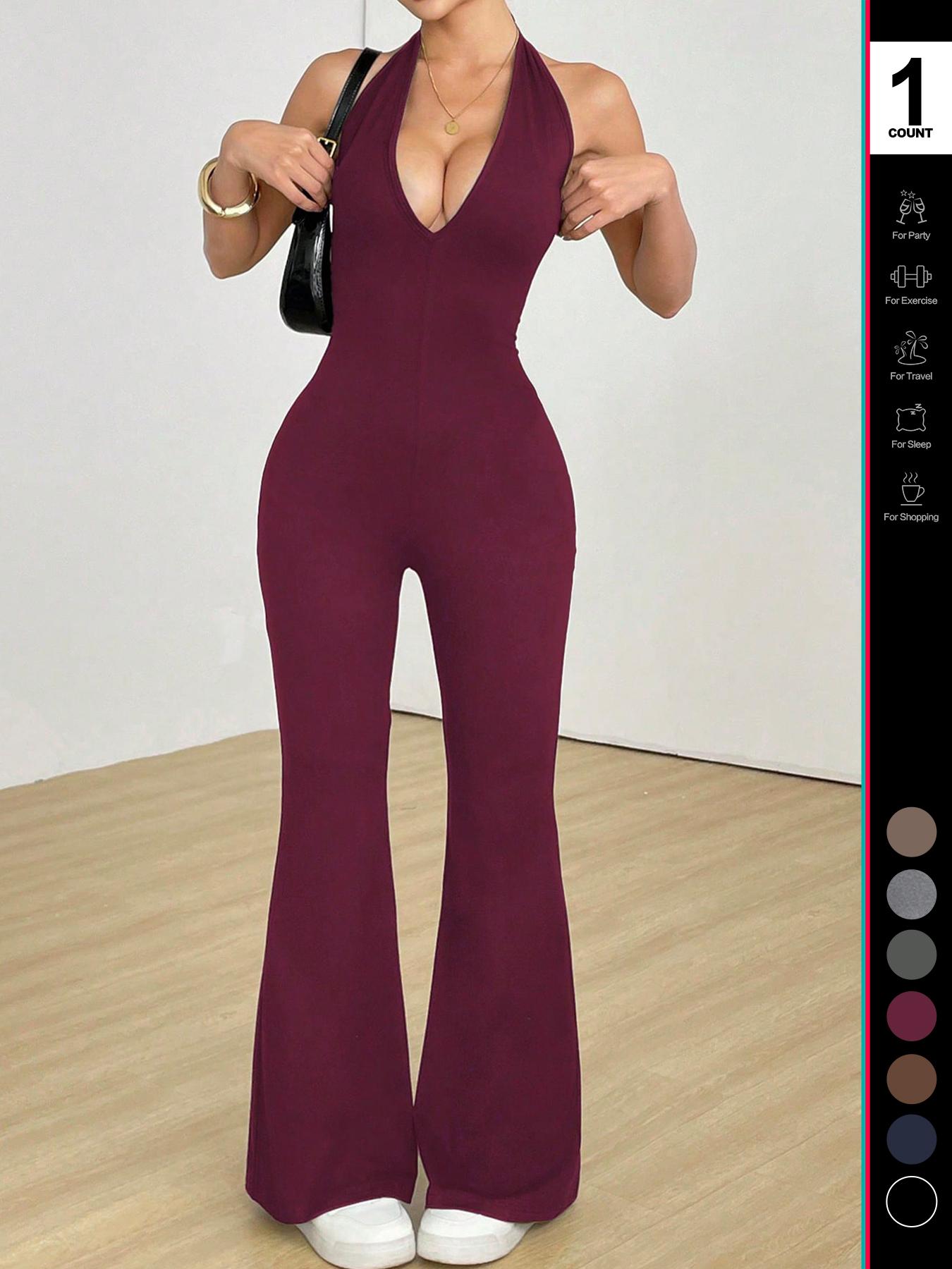 2026 Women's Sexy Halter V Neck Jumpsuit, Sleeveless Backless Design, Fitted Flare Leg Romper, Casual Style for All Seasons