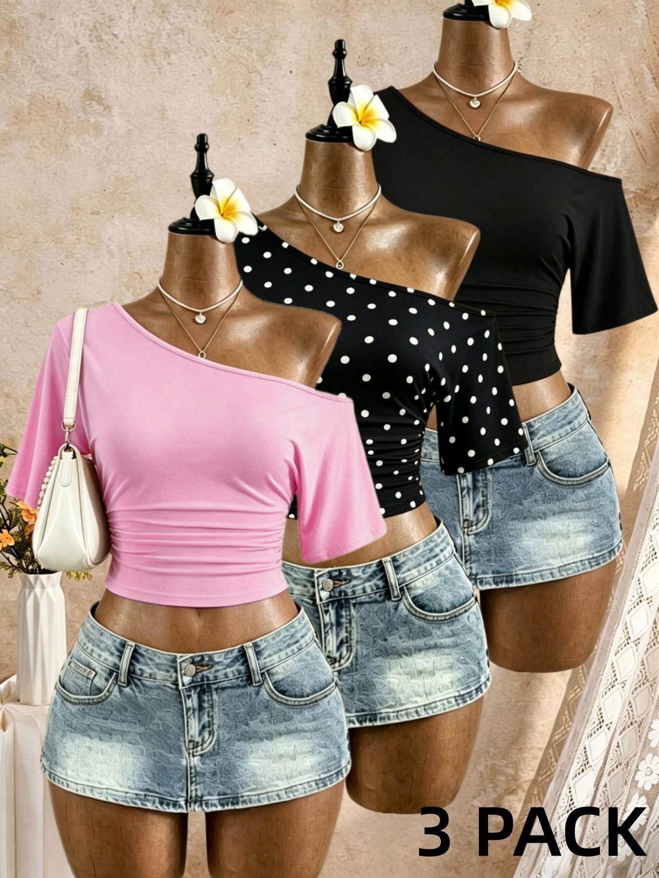 3-Pack Asymmetrical Shoulder Pleated Mid- Sleeve Short T-Shirts, Streetwear Date Wear, Show Waist Slimming Top, Trendy Ladies' Clothing, Casual Chic, Casual Daily Tops