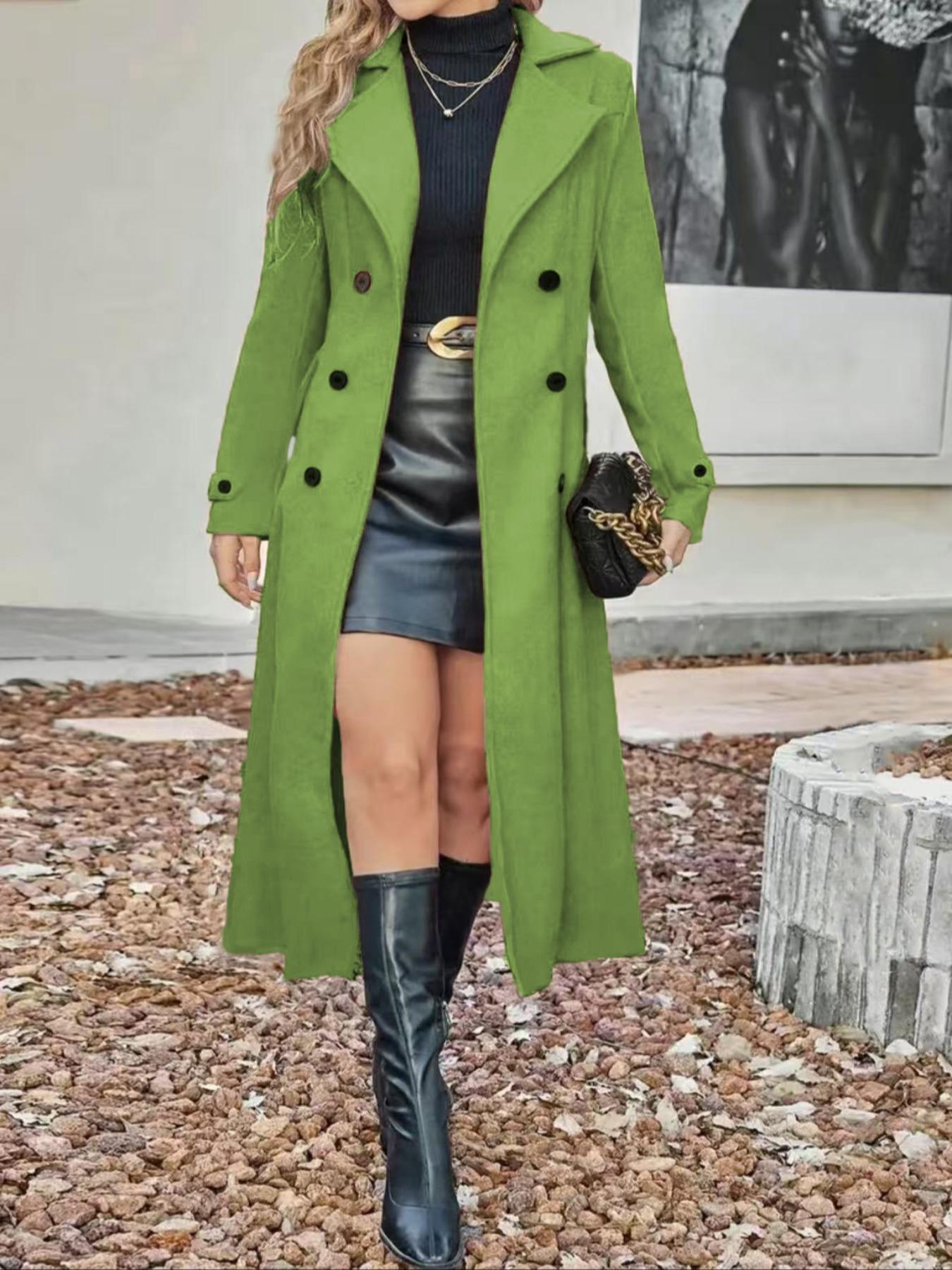 Women's Fitted Solid Color Lapel Long Sleeve Casual Chic Fashion Woolen Coat, Fall Winter Long Line Double Buttoned Overcoat, Ladies Outerwear