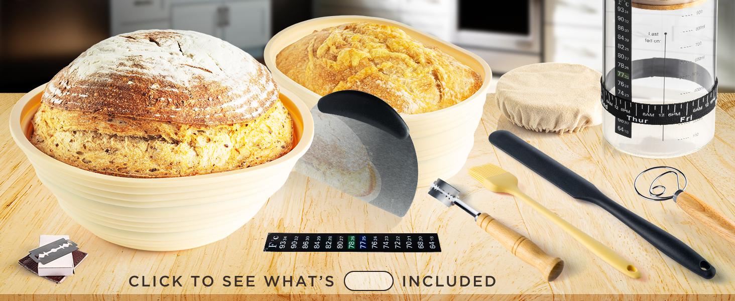 Sourdough Starter Kit, 14pcs Bread Kit & Sourdough Bread Baking Supplies Kit, Banneton Basket Kit for Sourdough Proofing with Bread Baking bowl for Breads (Pink) by