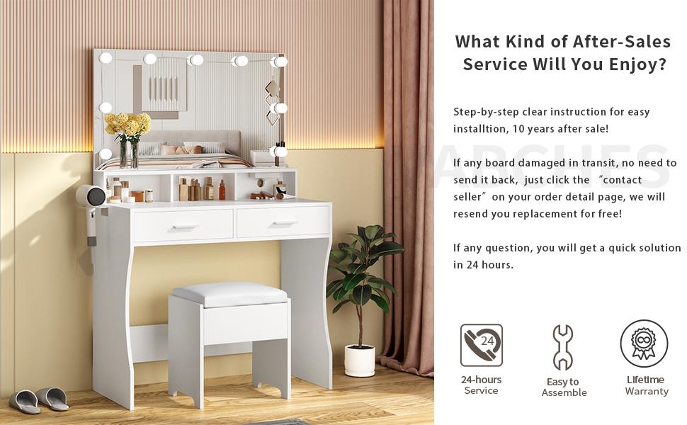 Vabches 31.5in(W) Makeup Vanity with Lighted Mirror & Power Outlet, White Vanity Set Vanity Desk, Clearance Makeup Vanity 3 Lighting Colors, Brightness Adjustable