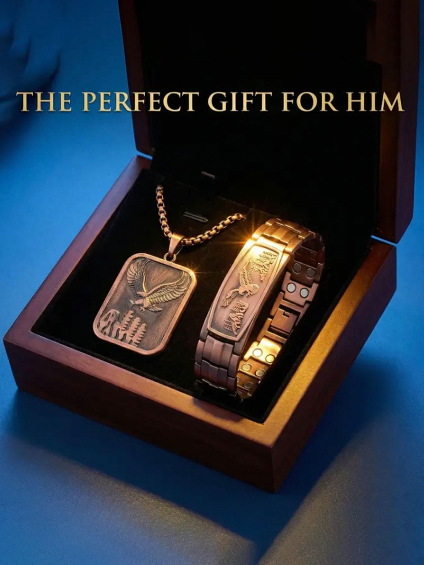 99.99% Pure Copper Men's Necklace, Eagle Design, Magnetic Bracelet, Fashionable, Relieves Arthritis, Thick Chain, Gift Set, Icedout Jewelry