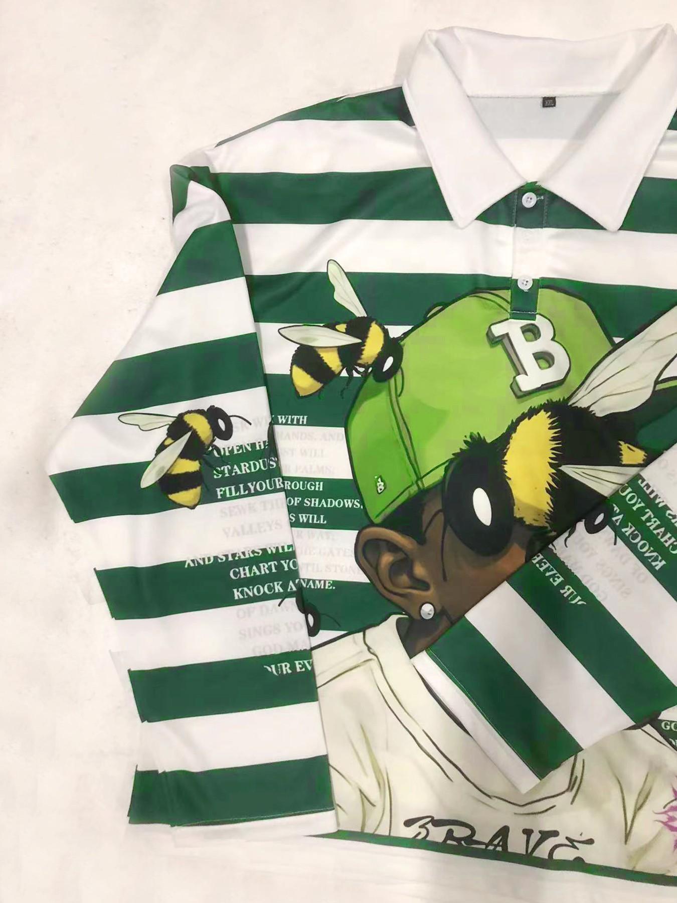 Rapper green striped polo long sleeved men's t-shirt, unisex short trendy brand shirt, Rapper bee print pattern striped polo collar long sleeved shirt collar t-shirt European and American street style Polo Shirts