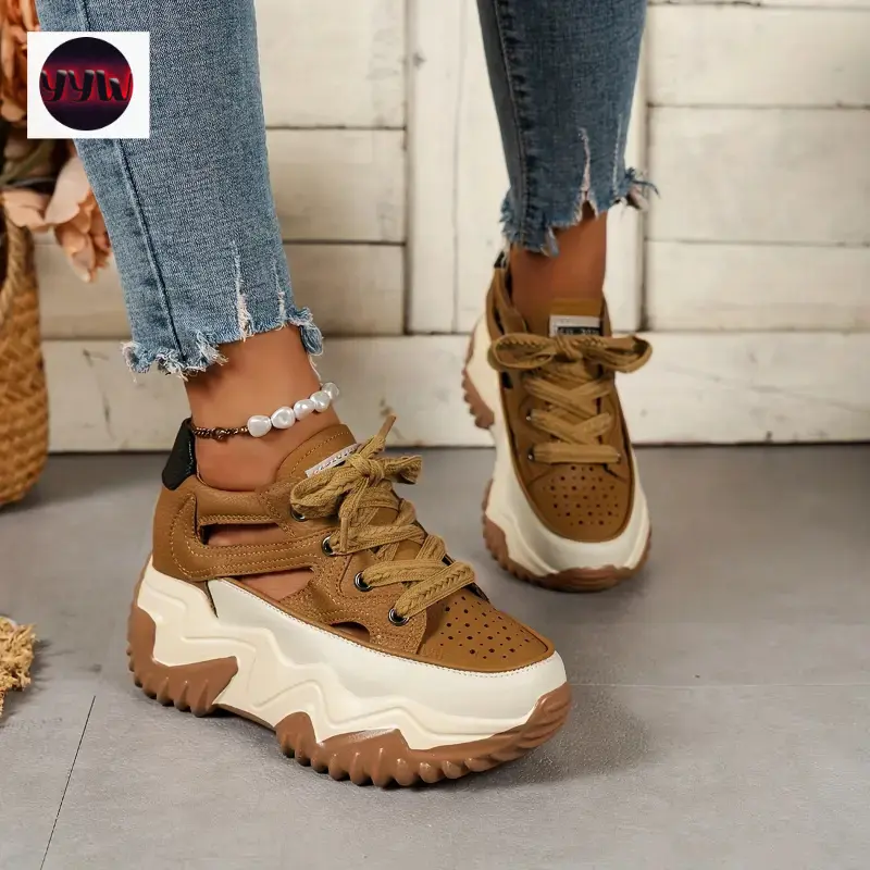 YYW1 Women's Casual Lace-Up Cap Toe Platform Sneakers - Breathable Hollow-Out Microfiber Upper/Inner/Insole, PU Sole, Solid Color, Strappy Back Fashion Shoes, Laces Casual Trainers, Everyday Wear