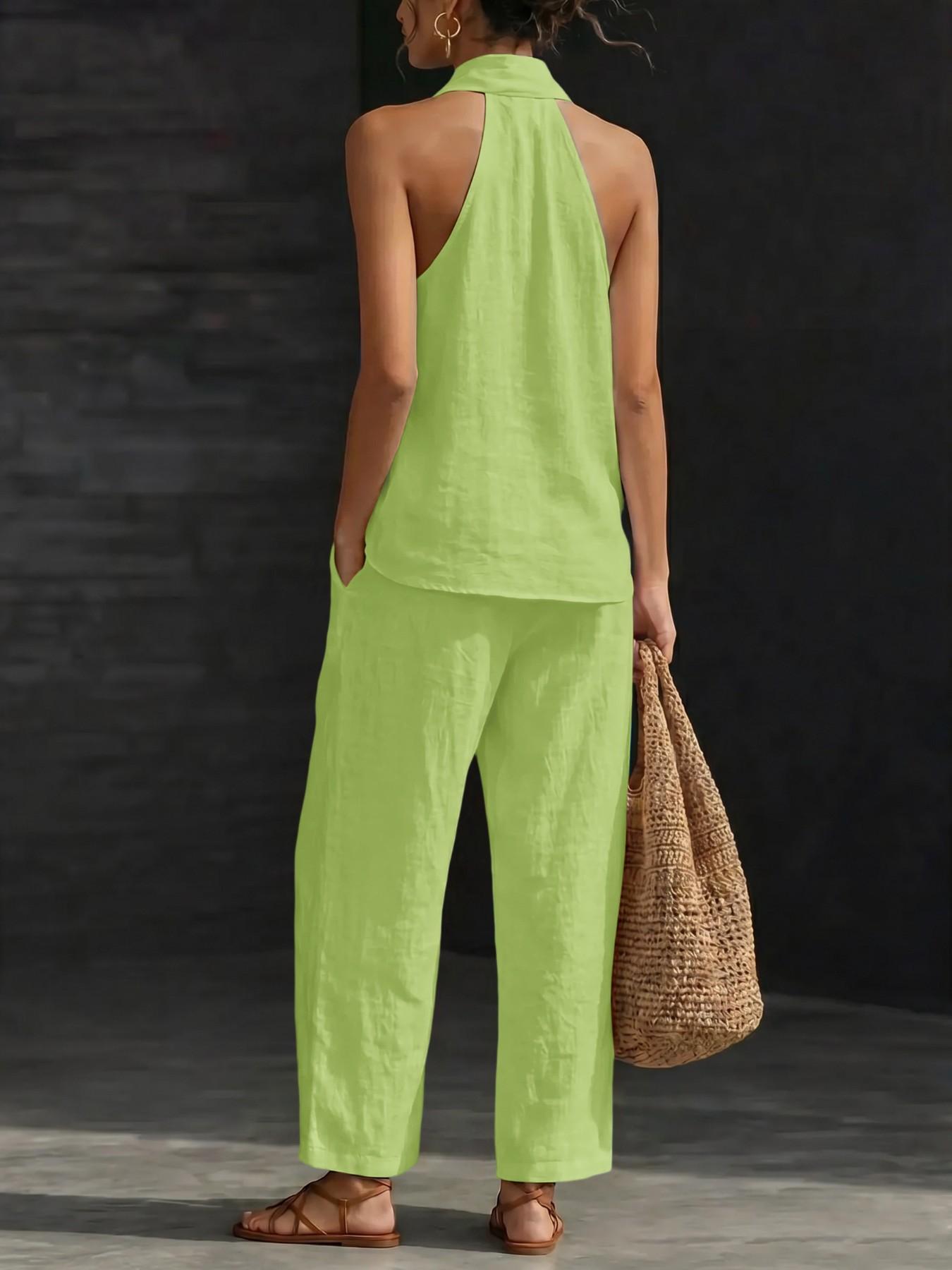 American Retro Co-Ord Set, Deep V Neck Top & High Waist Loose Pants, Lightweight Fabric, Casual Chic Holiday Wear, Streetwear