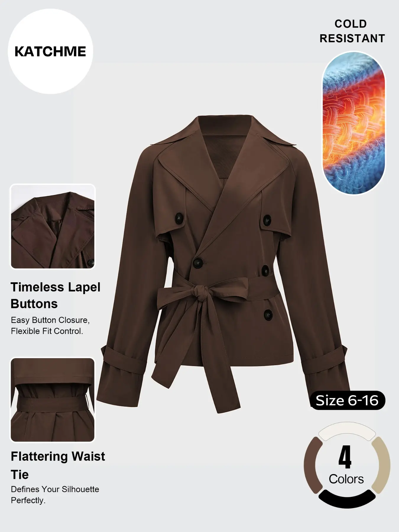 Katch Me Women's Casual Basic Notch Lapel Long Sleeve Trench Coat, Double Breasted Waist Tie Design, Versatile Fashion Outerwear for Women, Classy Solid Ladies Jacket for Fall & Winter