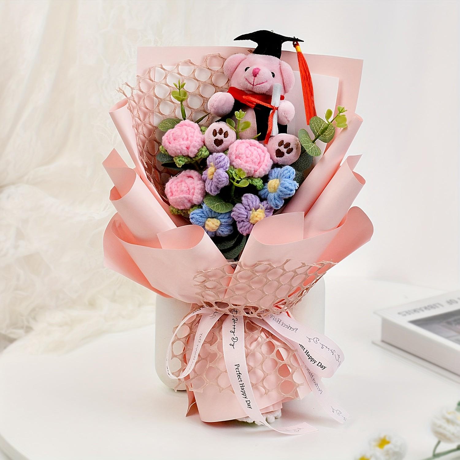Crochet Flower Bouquet Set with Plush Bear and Gift Bag, Ideal for Graduation Gifts, Teacher's Day, Sunflowers and Daisies, Year-Round Decor