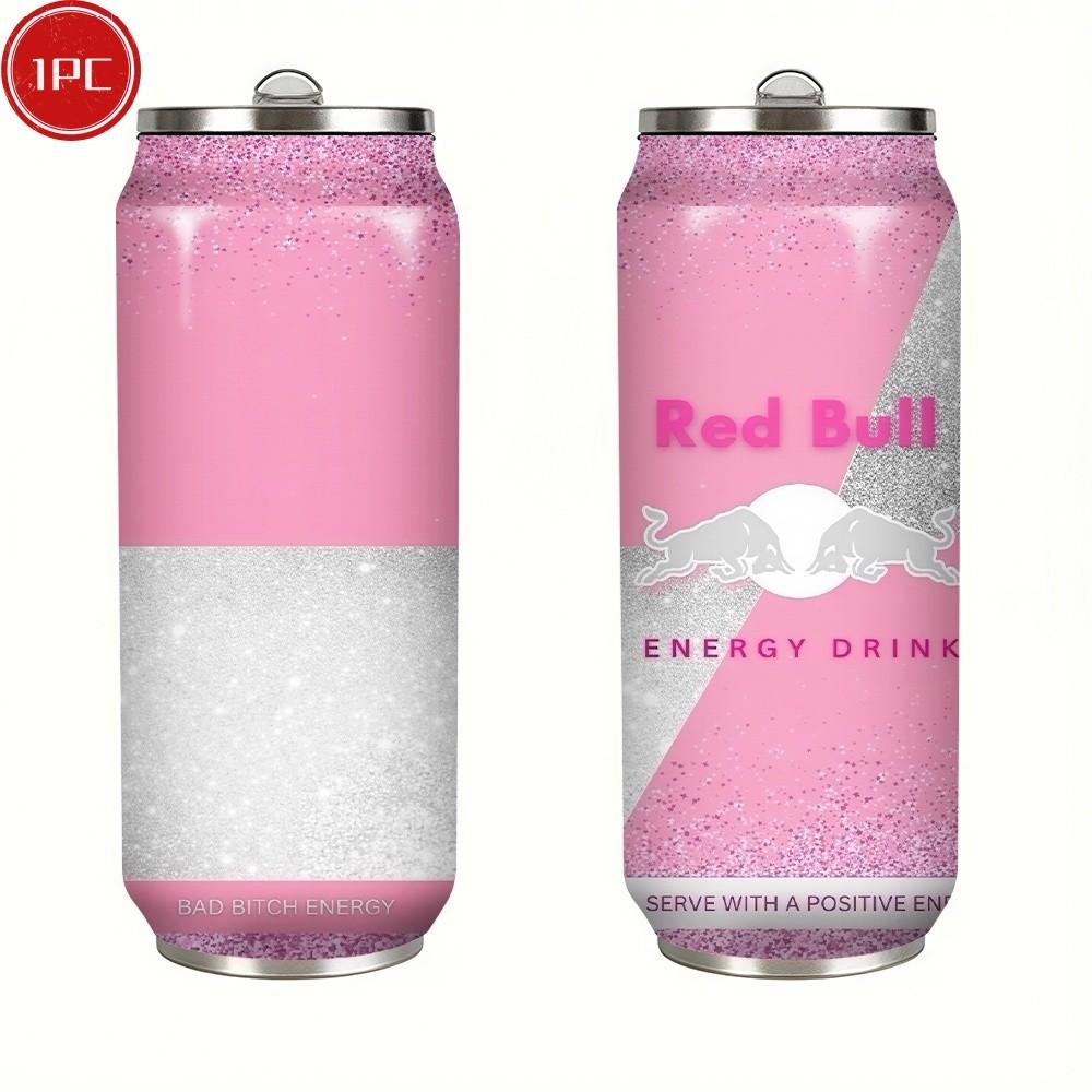 1pc 17oz Red Bull Pink Glitter Vacuum Insulated Mug, Portable Stainless Steel Cup with Lid, Ideal Sports & Coffee Mug for Family Friends, Great for Camping, Outdoor & Holiday Gifts