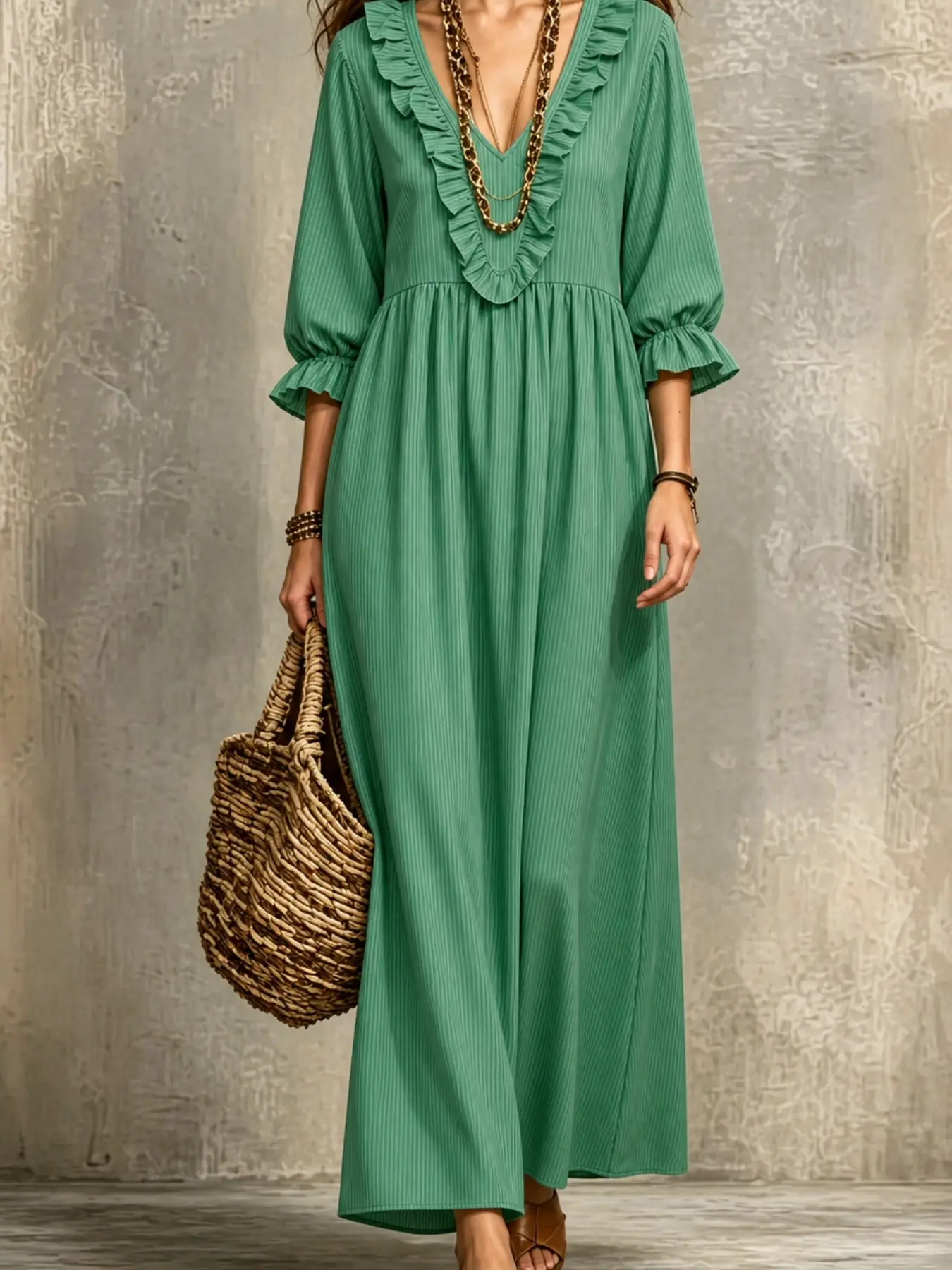 2026 Fall New Women Striped Midi Dress, V Neck Ruffle 3/4 Puff Sleeve, Loose Flowy Maxi Dress, Casual Vacation Beach Dress