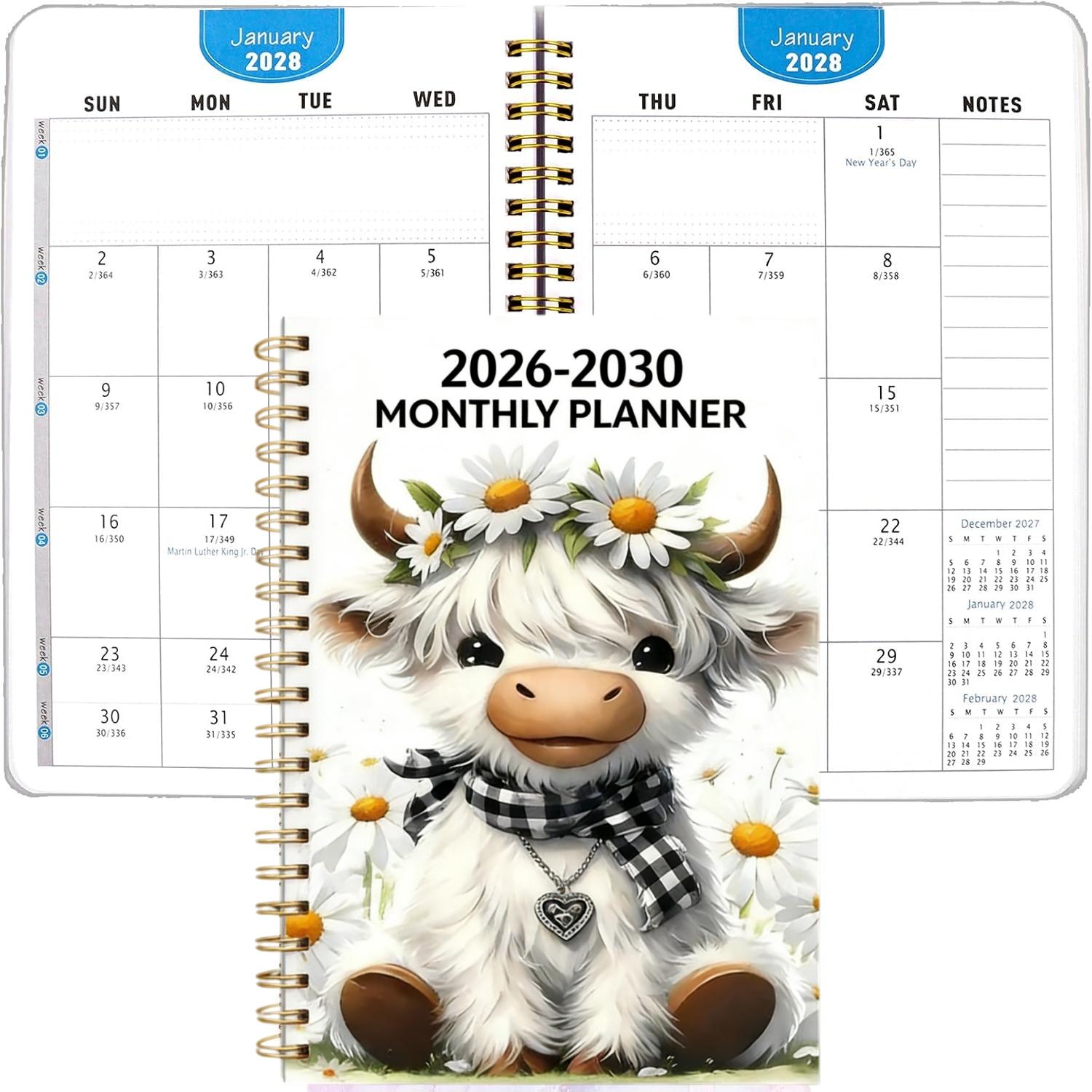 2026-2030 Monthly Planner/Calendar - January 2026 to December 2030, 5-Year Monthly Planner, White Cartoon Highland Cow Cover Design Notebook, Yearly Calendar Planning, Monthly Tabs, 60-Month Calendar, 5.5 x 8.3 inches, Thick Paper, Elastic Cover, Durable