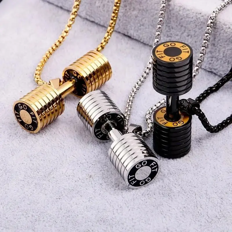 2025 new selling fashion sports leisure men's dumbbell fitness stainless steel barbell necklace
