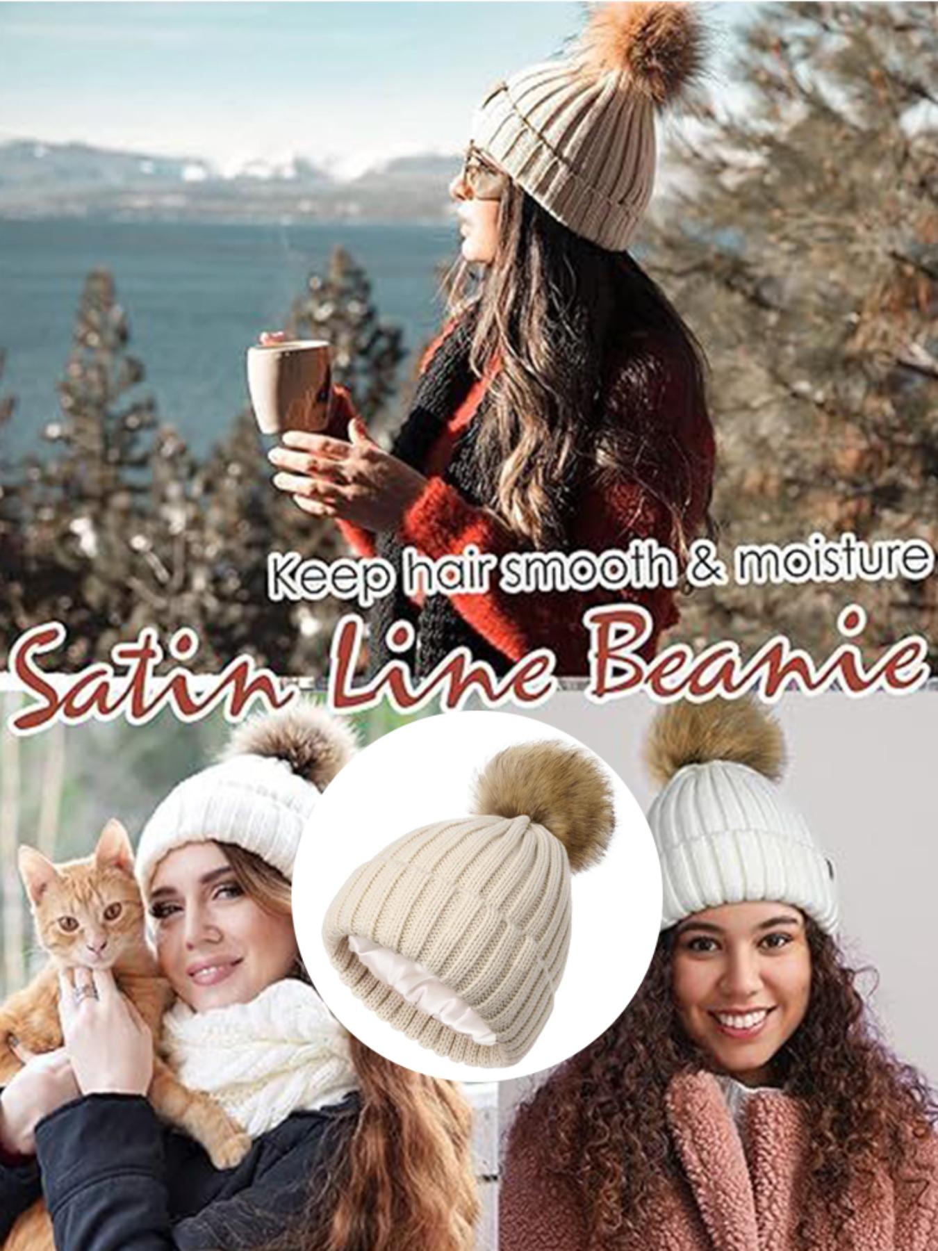 Unisex Plain Striped Beanie Hat, Satin Lined Knit Cap with Pom Pom, Warm Comfortable Windproof Winter Accessory, No Tag Design, Knitted Winter Hat