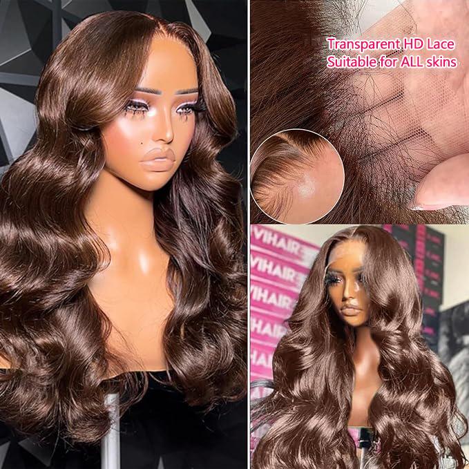 Tahikie #4 Chocolate Brown / #1 Jet Black 13x6 Body Wave 200% Density HD Lace Front Wigs Real Hair For Women Medium Size TikTokShopSummerTurnup dealsforyoudays