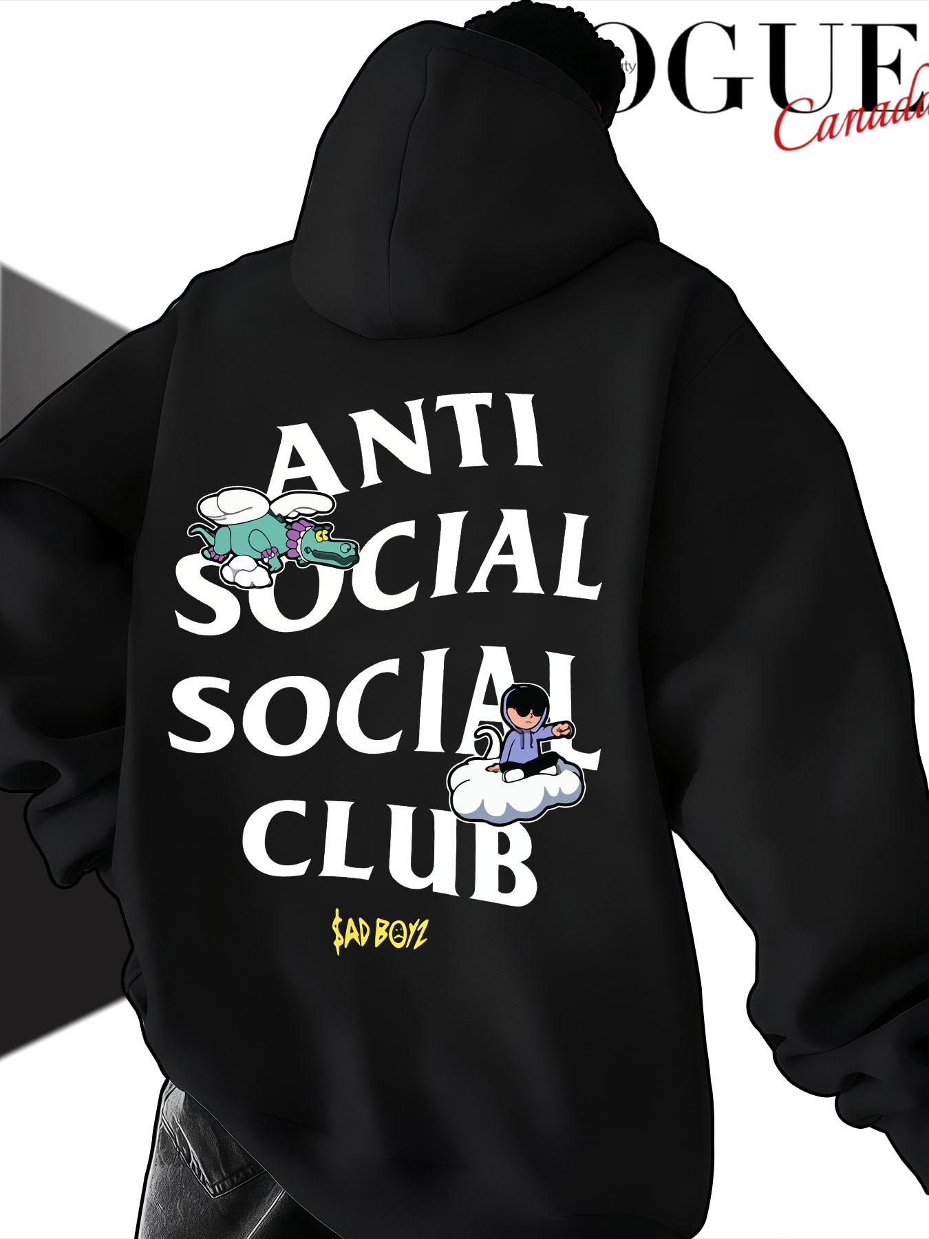 Men's Hooded Sweatshirt Fall Anti Social Social Club Cartoon Print, Casual Loose-Fit Streetwear, Trendy Drop Shoulder Top