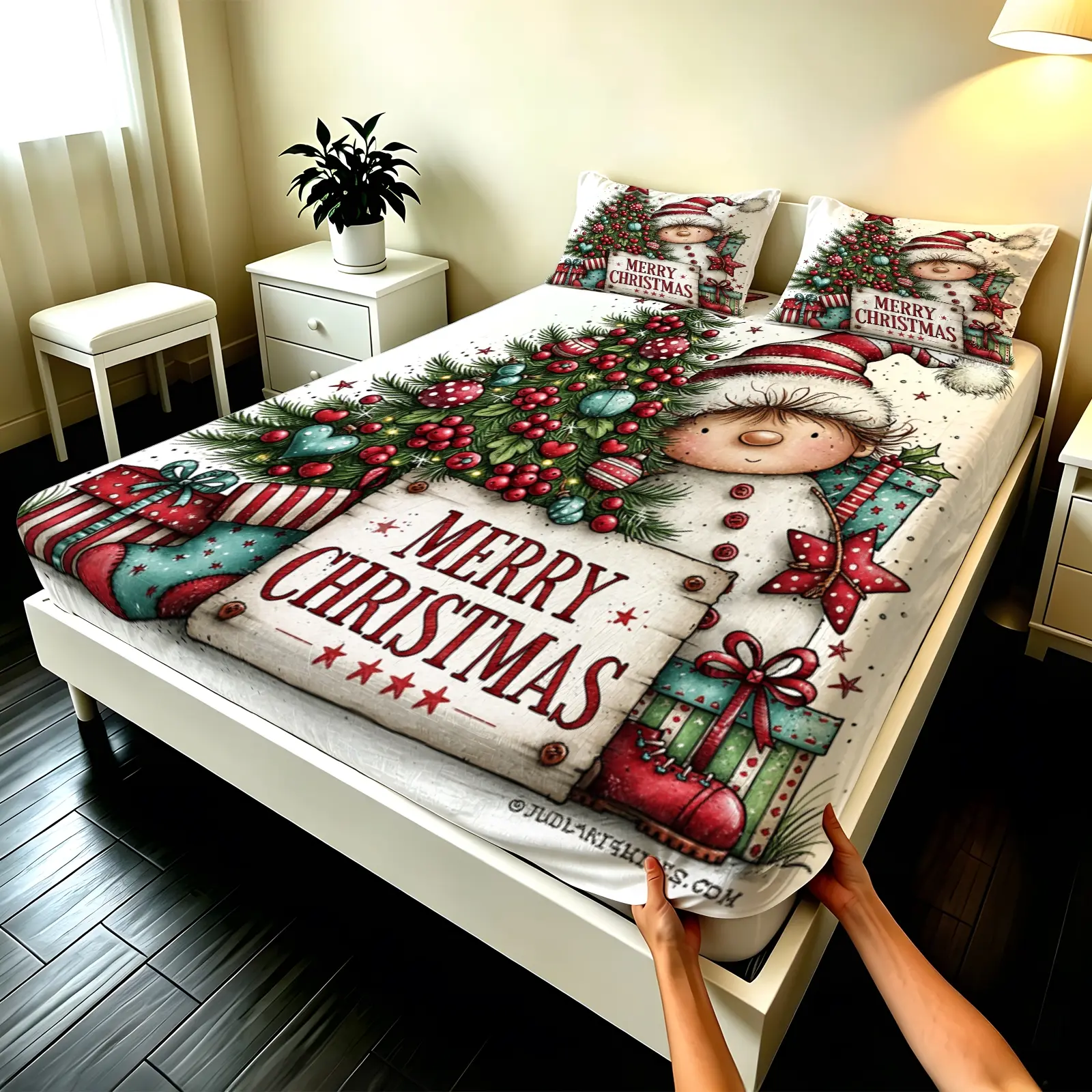 3pcs Fitted sheet Merry Christmas Festive Pattern Bedding Set, Soft Microfiber Wrinkle Resistant Fade Proof Breathable Machine Washable Bed Cover Set, Fit for Twin Full Queen King Size, Perfect for Bedroom Home Guest Room Christmas Decoration