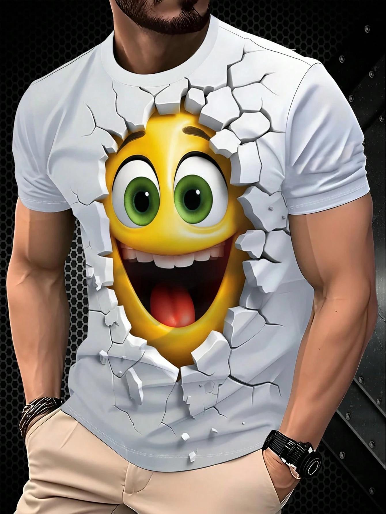 Men's 3D Emoji Print T-Shirt, Fun Wall Pattern Short Sleeve Top, Casual Streetwear, Fitted Design, with Collar, Random Print