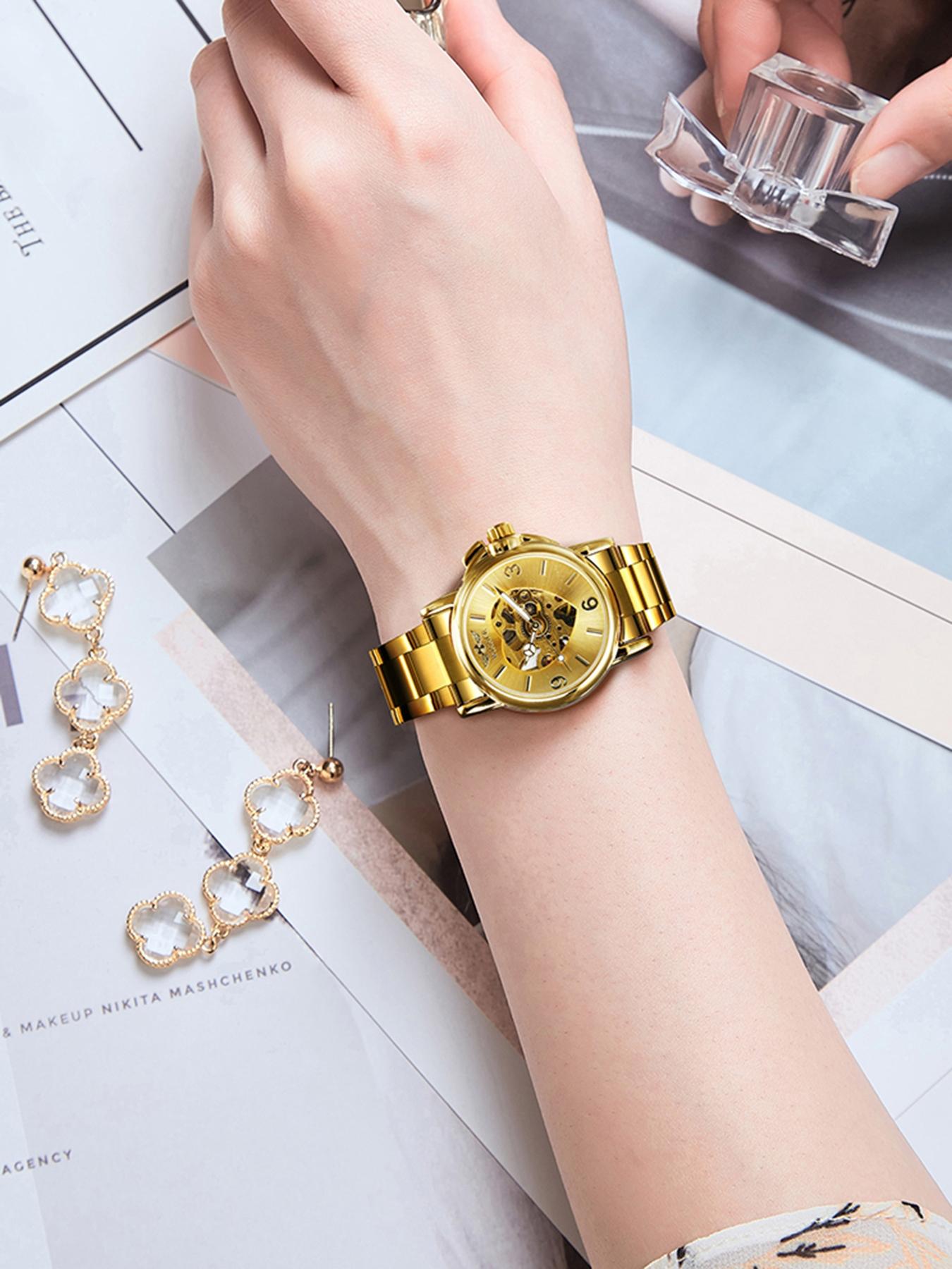 1pc Elegant Skeleton Automatic Mechanical Watch for Women Luminous Hands Stainless Steel Strap Business Fashion Ladies Watches Top Brand Wristwatches Gifts