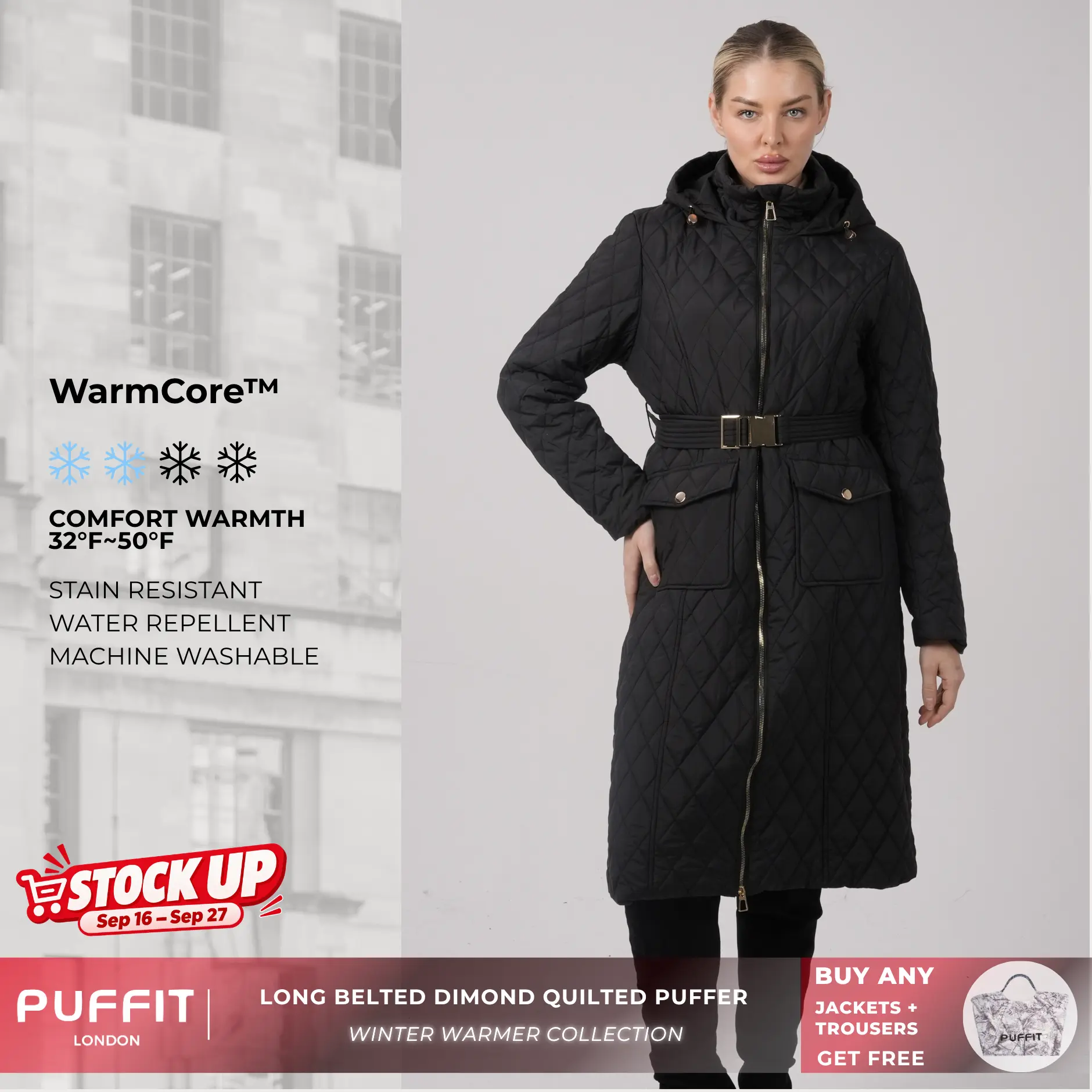 PUFFIT WarmCore Premium Long Diamond Quilted Puffer With Adjustable Belt,Lightweight Diamond Pattern,Warm And Elegant,Adjustable Waist,Effortless Style,Versatile Elegance For Commuting,Fall,Winter,2026 Shopping