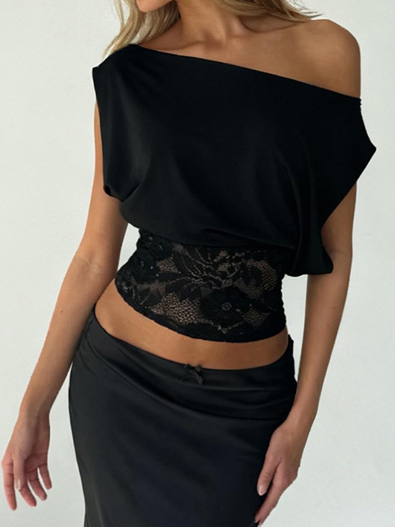 Women's Elegant Chic Lace Patchwork Asymmetric Sleeveless Top, Slim-Fitting Plain Design, Perfect for Casual and Stylish, Asymmetrical