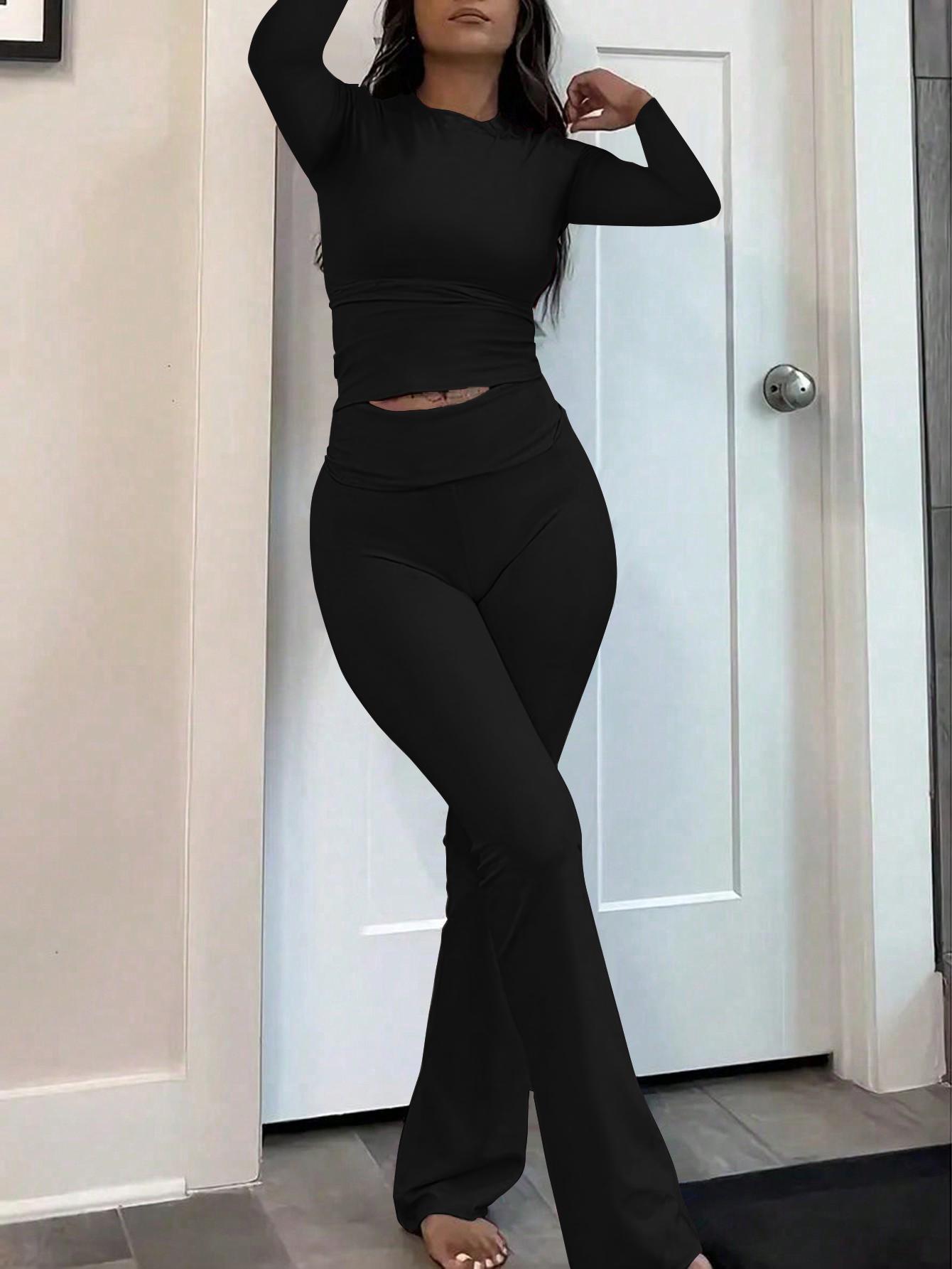 USBoutique Chic 2-Piece Pants Set – Women's Casual Crop Long Sleeve Top & Fold Over Flare Leg Pants, Summer Matching Outfit for Daily Wear, Soft Elegant Womenswear