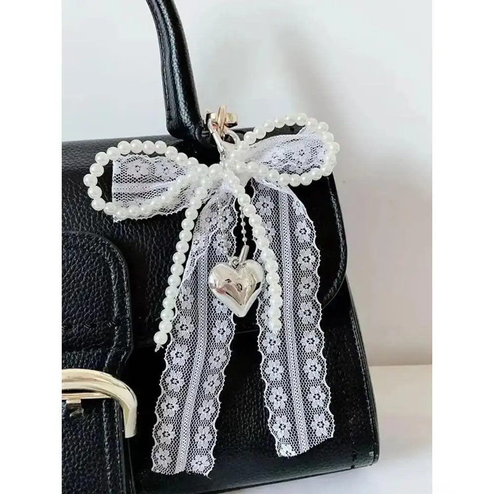 Mini Bag Charm Keychain, Princess Style Lace Bow & Faux Pearl Heart Pendant for Women, Decorative Jewelry for Purses and Backpacks for Casual Wear & Dating, Daily Looks, Plastic, Mini Bag Keychain Charms & Twillies, Elegant, Glossy Pearl Heart, Princess L
