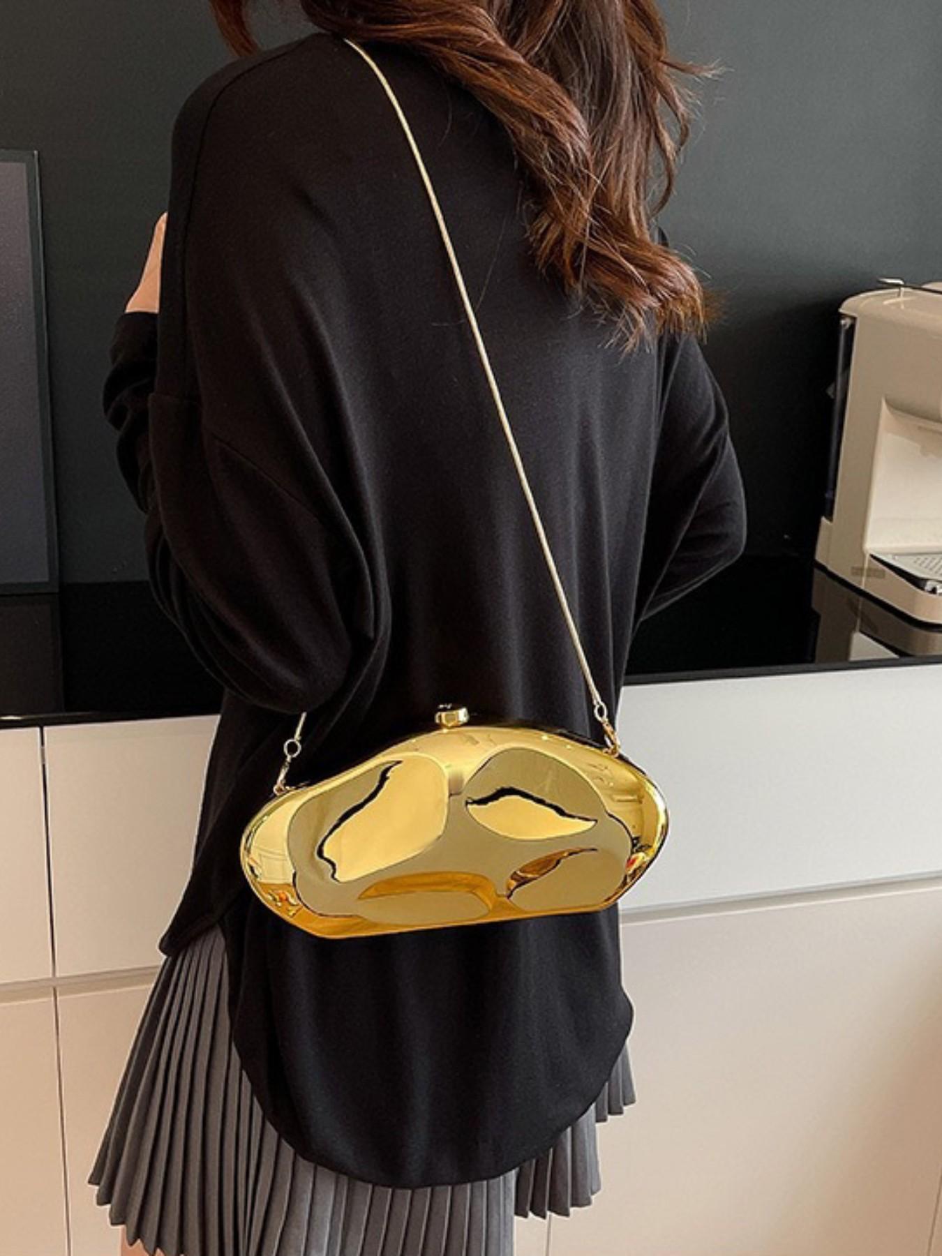 Elegant Acrylic Shoulder Clutch, Cute New Fashion Evening Bag, Luxury Crossbody Bag, Silver Gold Bead Handbag, Small Oval Shiny Handheld Bag, Trendy Chain Multi-Use Bag