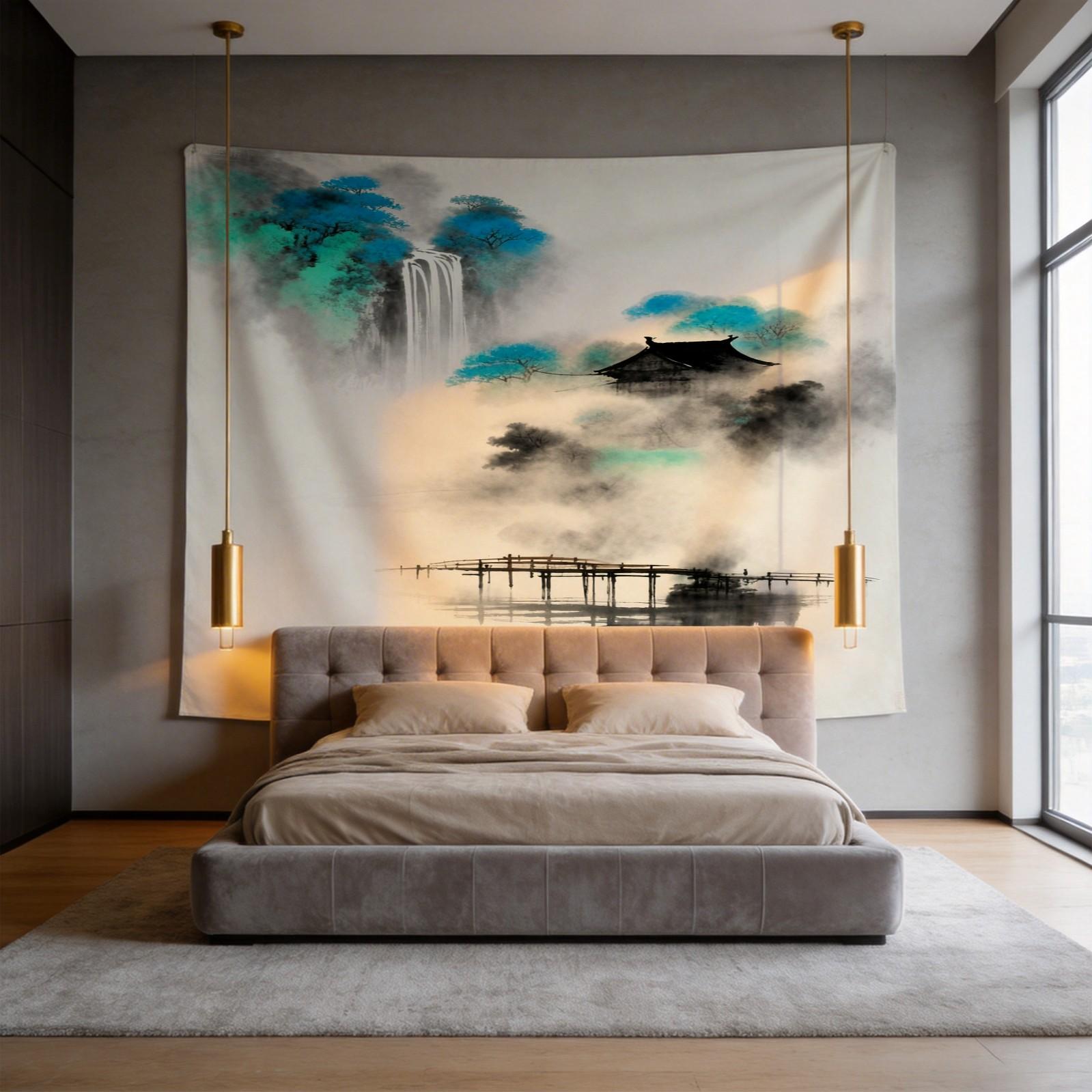 1 Piece Asian Ink Wash Mountain Landscape Printed Tapestry, Ink Wash Style Wall Hanging, HD Digital Print Living Room Bedroom Wall Tapestry, Fadeless Machine Washable Wall Decor, Multi-Purpose All-Season Tapestry for Living Room Bedroom