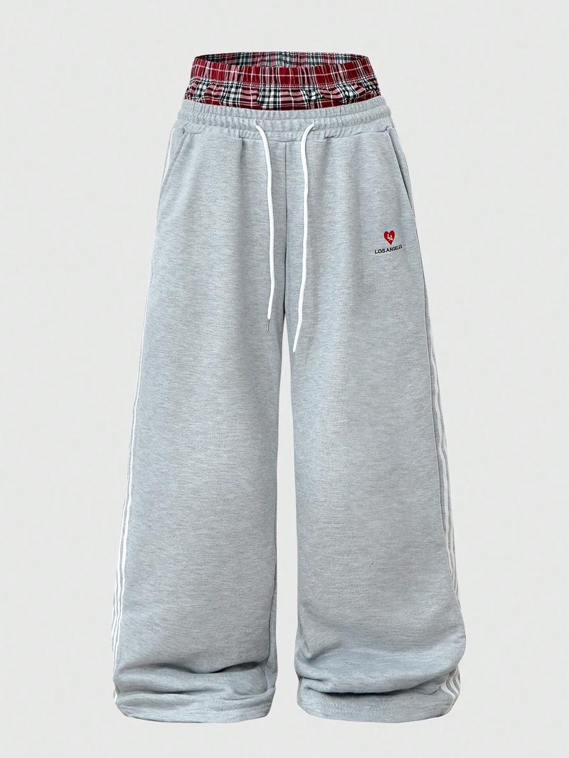 Unisex Gray Jogger Pants with Plaid Waistband and Red Heart LOS ANGELES Graphic, Athletic Casual Sweatpants for Streetwear and Lounge, Wide Sweatpants Unisex Gray Jogger Pants with Plaid Waistband and Red Heart LOS ANGELES Graphic, Athletic Casual Sweatpants for Streetwear and Lounge, Wide Sweatpants