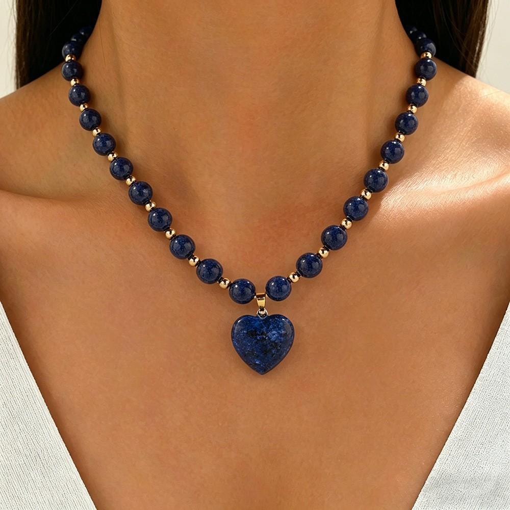 Women's Boho Natural Stone Beaded Choker Necklace - Gold-Plated Heart Pendant, Adjustable Bead Collar, Vintage Statement Jewelry for Daily, Party Use (5 Styles: Multicolor, Emerald Green, Teal, Cream, Lapis Lazuli)