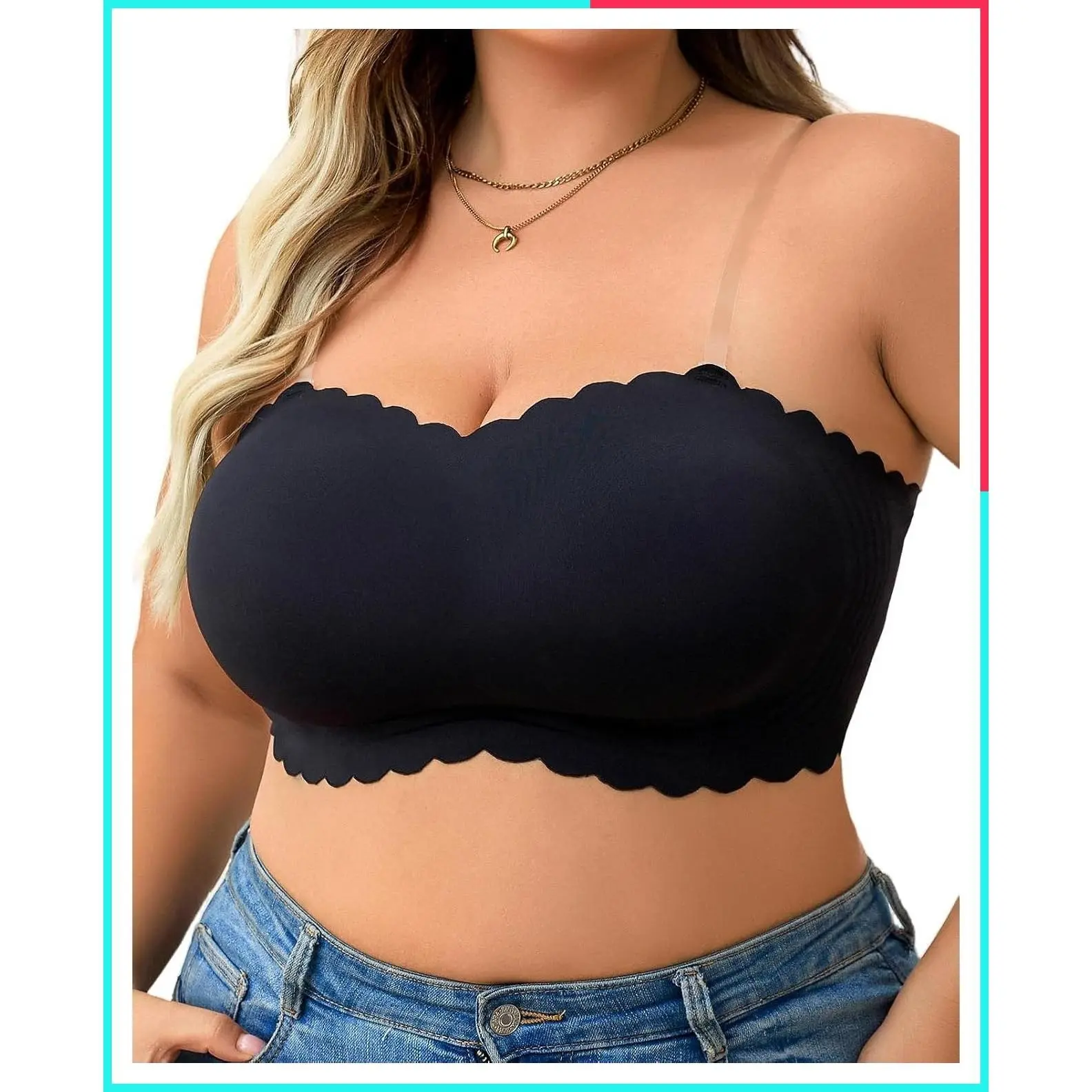Plus Size Strapless Push-Up Bra for Women with Clear Straps, No-Slip Wireless Full Coverage Bandeau, Jelly Support Technology, Smooth Shaping for Everyday Comfort