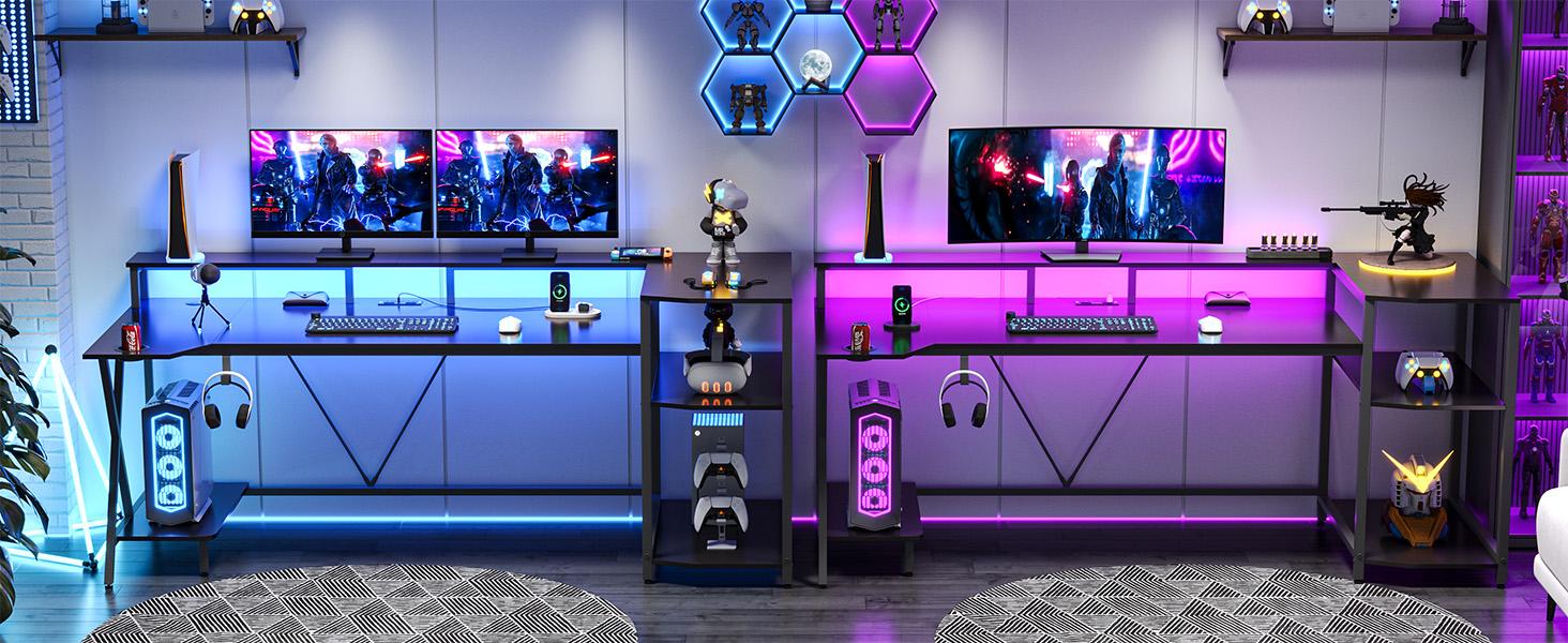 sedeta Gaming Table 70.8 in. with LED Lights and Storage Shelf Computer Table with Monitor Stand, Power Outlet and Cup Holder Ergonomic Table