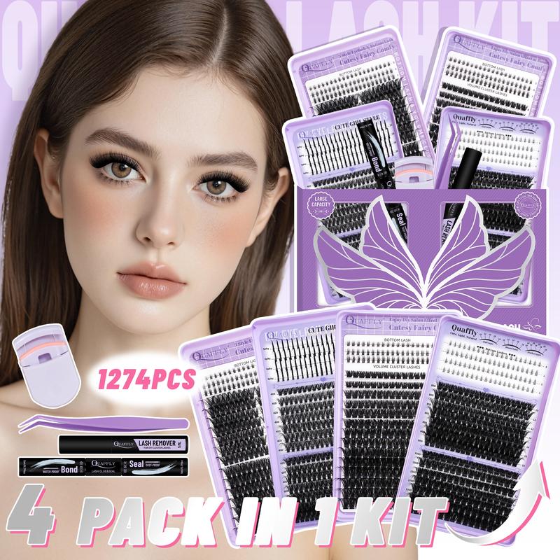 QUAFFLY 1274Pcs Lash Extension Kit 40D+60D+80D+100D+Bottom Lashes+Spike lashes Fluffy Lash Clusters Individual Lash Clusters With Lash Bond&Seal Eyelash Bond Glue Lash Remover Tweezer Lash Curler for Natural DIY Cluster Eyelash Extensions Kit