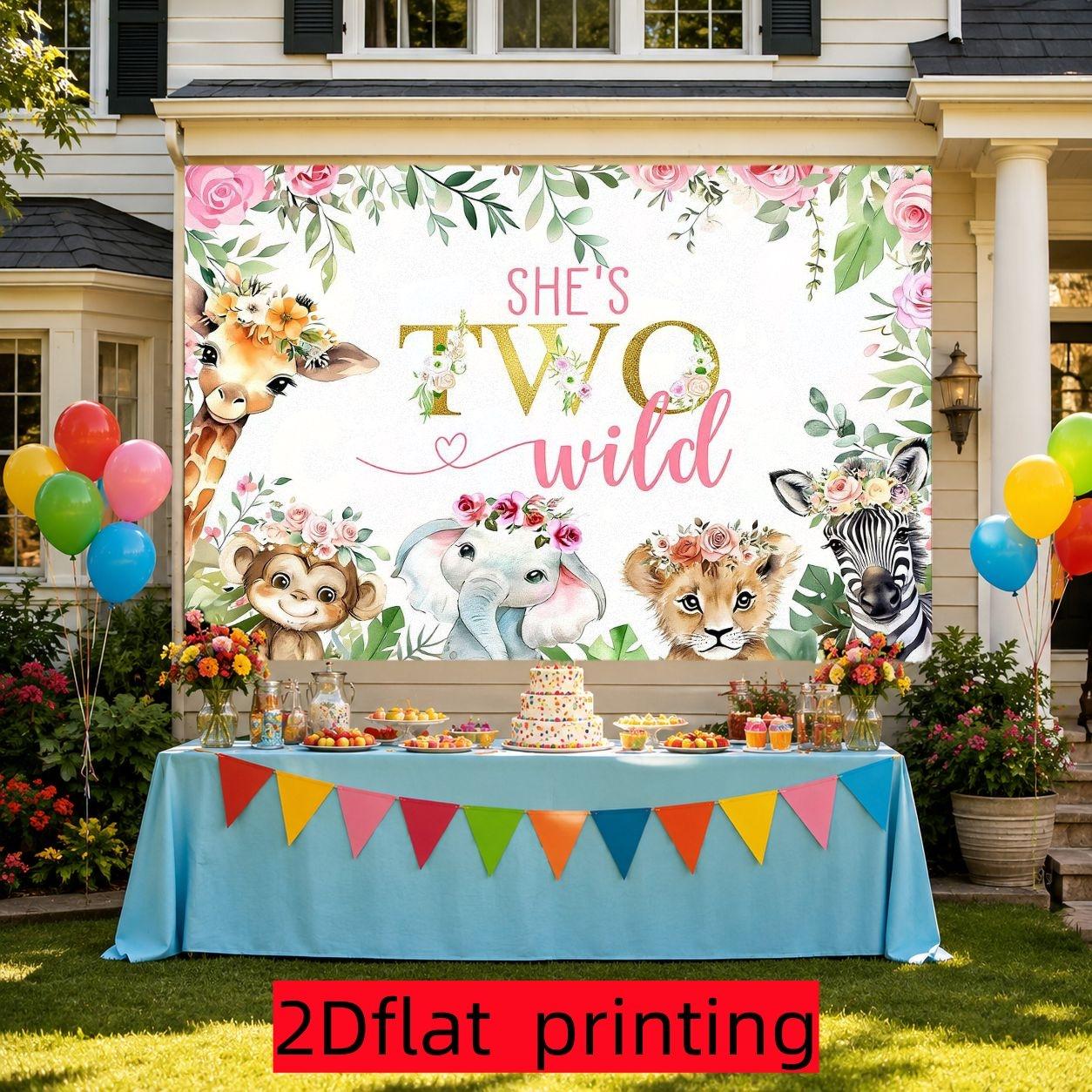 2D Flat 1PC Polyester She's Two Wild Backdrop Safari Animal Watercolor Floral Decor for Indoor & Outdoor Themed Party, Jungle Gathering, Photo Booth, Wall Decor, Home Decoration, Event Background, Available in Multiple Sizes