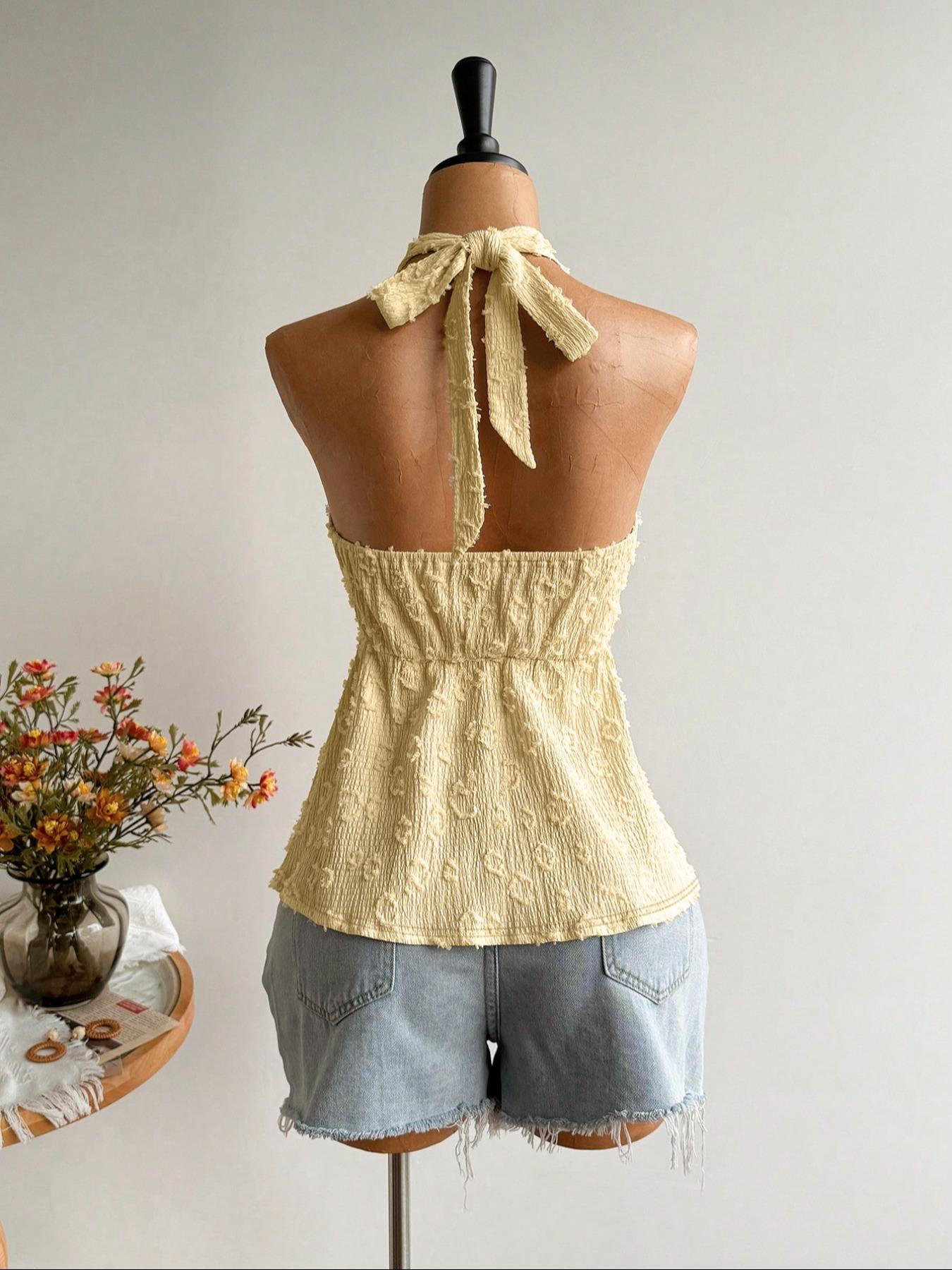 Women's Fashion Comfortable Casual Fitted Lace Patchwork Tie-Back Halter Tank Top Vest, Stylish Backless Design, Perfect for Daily Wear