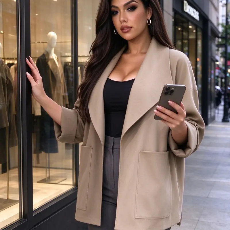 Plus Size Loose Fit Blazer Jacket, Casual Commuter Style, Drop Waist Slimming Seven-Quarter Sleeves, Large Pockets, Lightweight Outerwear