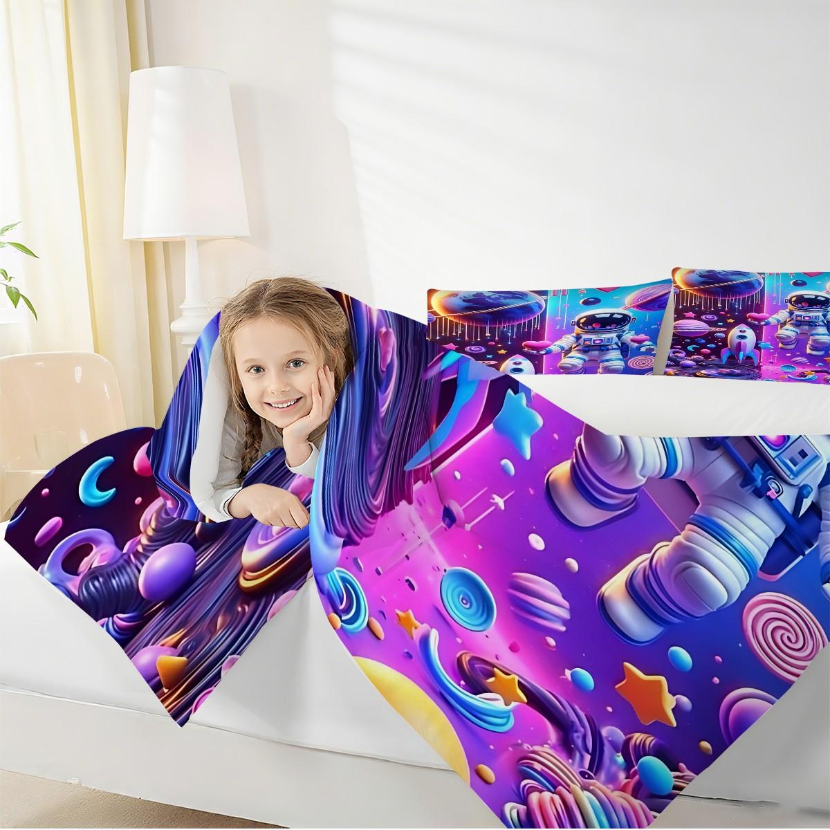 2/3-Piece Astronaut Patterned Comforter Set, Psychedelic Pop Style Bedding Set, Delicate Patterned Soft Quilted Bedspread, Perfect for Adding A Lively Atmosphere to Your Bedroom or Room, Including 1 or 2 Pillowcases, No Pillow Core