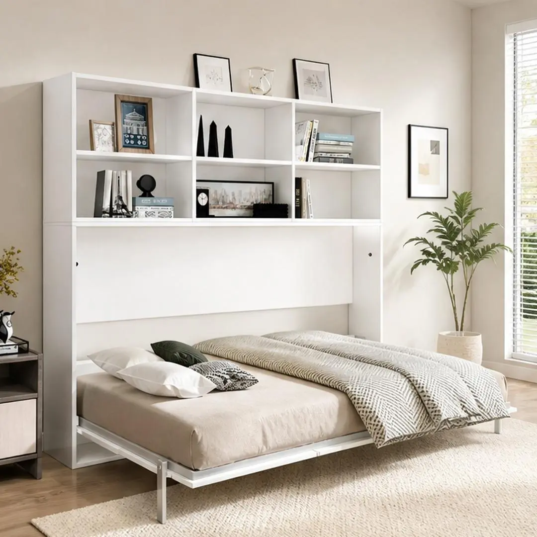 Twin Size Horizontal Murphy Bed with Two-Tier Shelf Storage, White Plywood Cabinet and Metal Frame, Space Saving Wall Bed for Bedroom or Guestroom