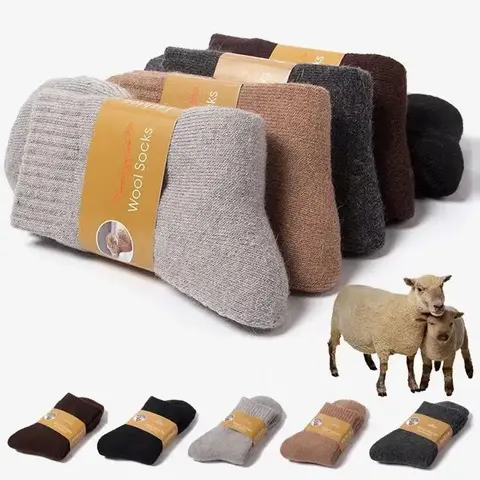 Menswear Men's 5-Pack Plain Wool Fiber Liner Socks - Fall Winter Thick Terry Lined Thermal, Mid-Calf to Crew Length Casual Cold Weather Socks for Footwear Needs