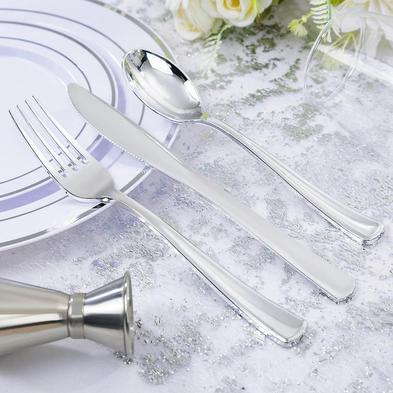 Pieces Gold/Silver Disposable Plastic Plates Set, Elegant Plates for Wedding & Party