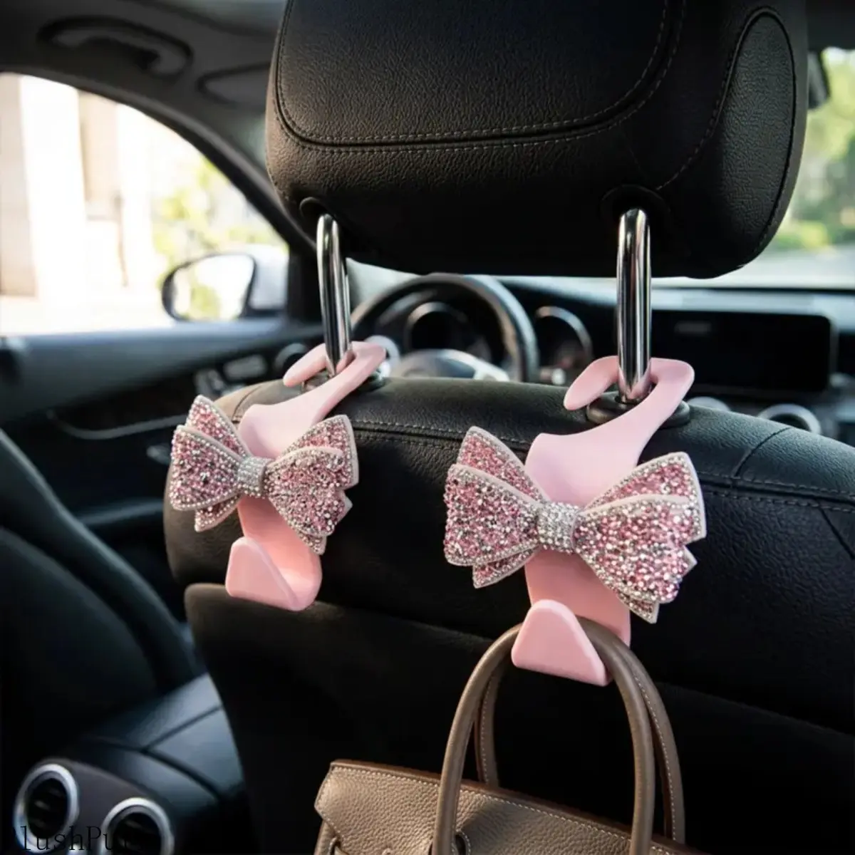 2Pcs Pink Bling Car Seat Back Hook Bowknot Rhinestone Headrest Hanger Heavy Duty Purse Storage Organizer Creative Vehicle Interior Hanging Holder universal,sohochic