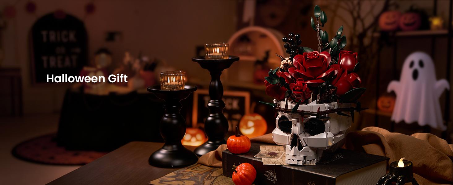 Supreowls Skull Roses Flower Bouquet Building Set, Botanical Collection Kit for Adult Women, Gift for Valentines Day for Her/Girlfriend/Mom/Wife/Couple, Goth Horror Skeleton Pot Home Table Decor Aesthetic
