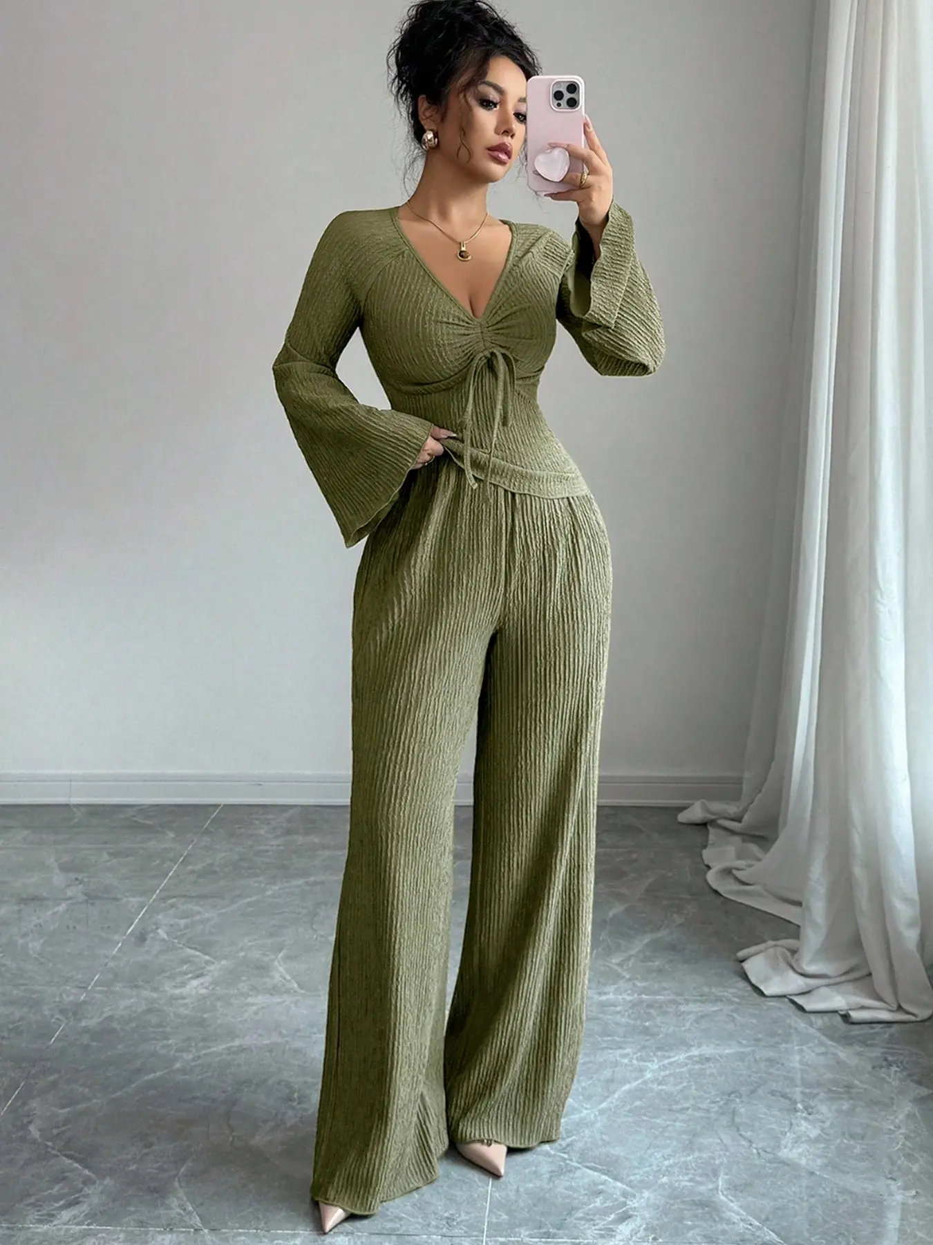 2026 Fall European Style Home Fashion Loose Fit Pants, V Neck Long Sleeve Two-Piece Set, Casual Comfortable Suit for All Seasons