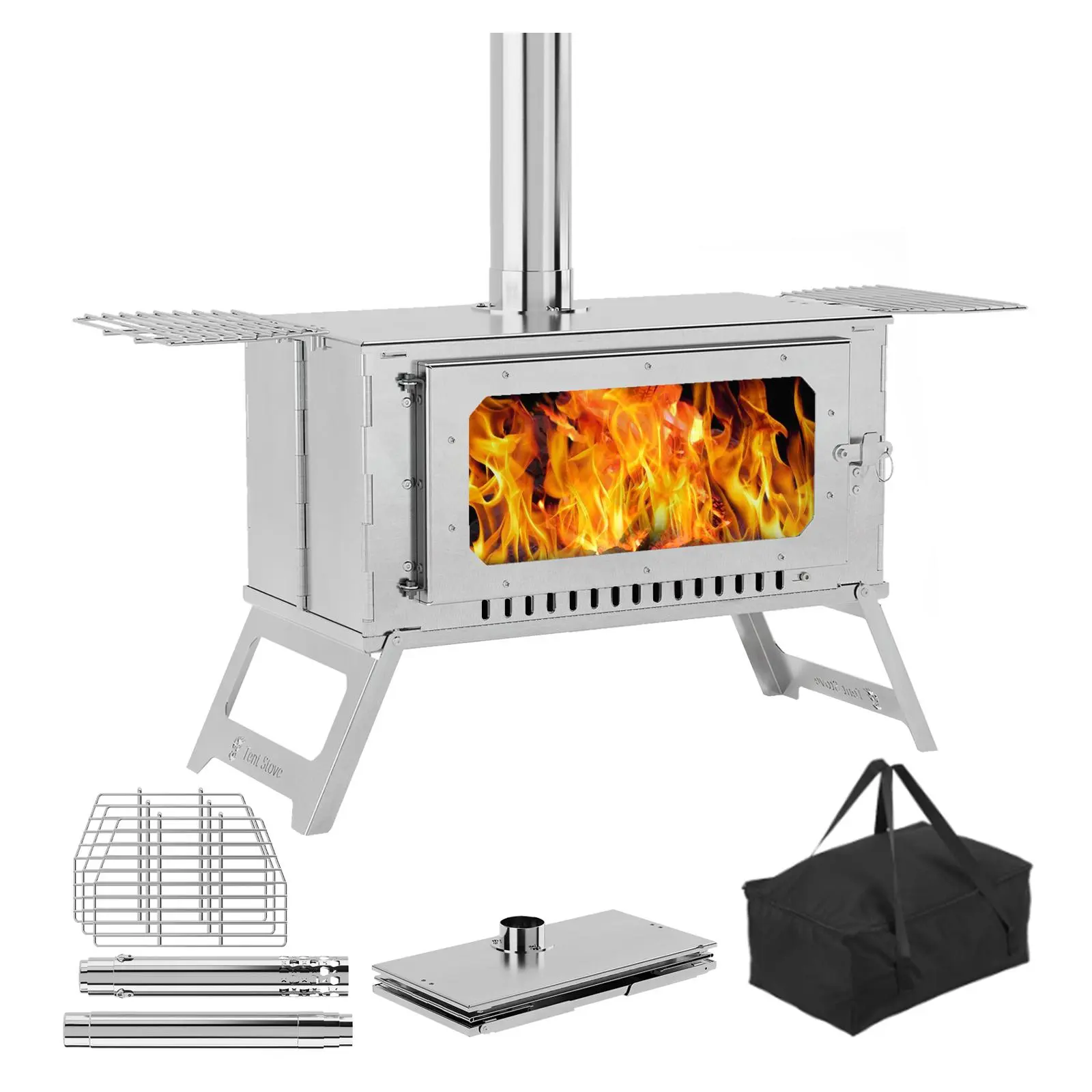 GARVEE Portable Hot Tent Wood Stove, Stainless Steel Collapsible Camping Stove with Viewing Glass Door, Smoke Pipe & Carry Bag for Cooking, Heating and Winter Camping